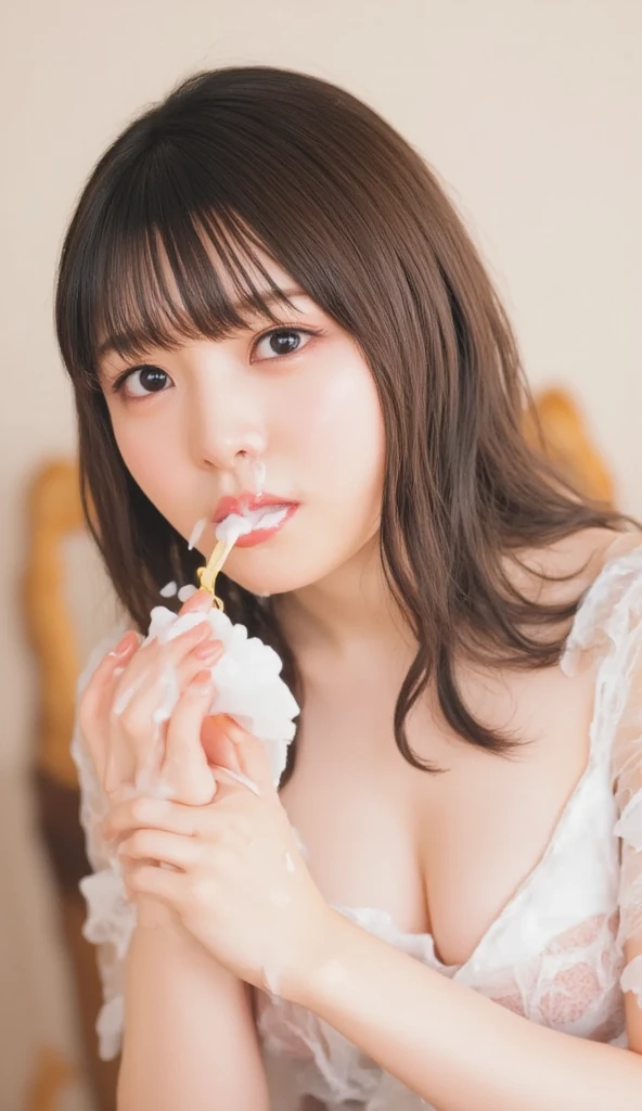 (Realistic:1.3、Ultra HD、Ultra-high resolution、8K、Japanese Housewife、寝室でBlowjobチオをするMature Woman:1.5、At the bed)、((Look Viewer:1.8))、(Extremely realistic skin texture:1.4)、(Realistic:1.3)、short hair、((Embarrassed expression:1.5))、48-year-old woman、Mature Woman、Ponytail Hairstyles、(Brown eyes:1.3)、(Face close-up:1.38)、(Sweaty:1.2)、(Nipplesを見せる)、((衣服から突き出たNipples,))、dress、美しいNipples、Nipples、(Shooting from the side:1.1)、Drooling、((Blowjobチオ:1.6、Blowjob、Cum in mouth、Bukkake))