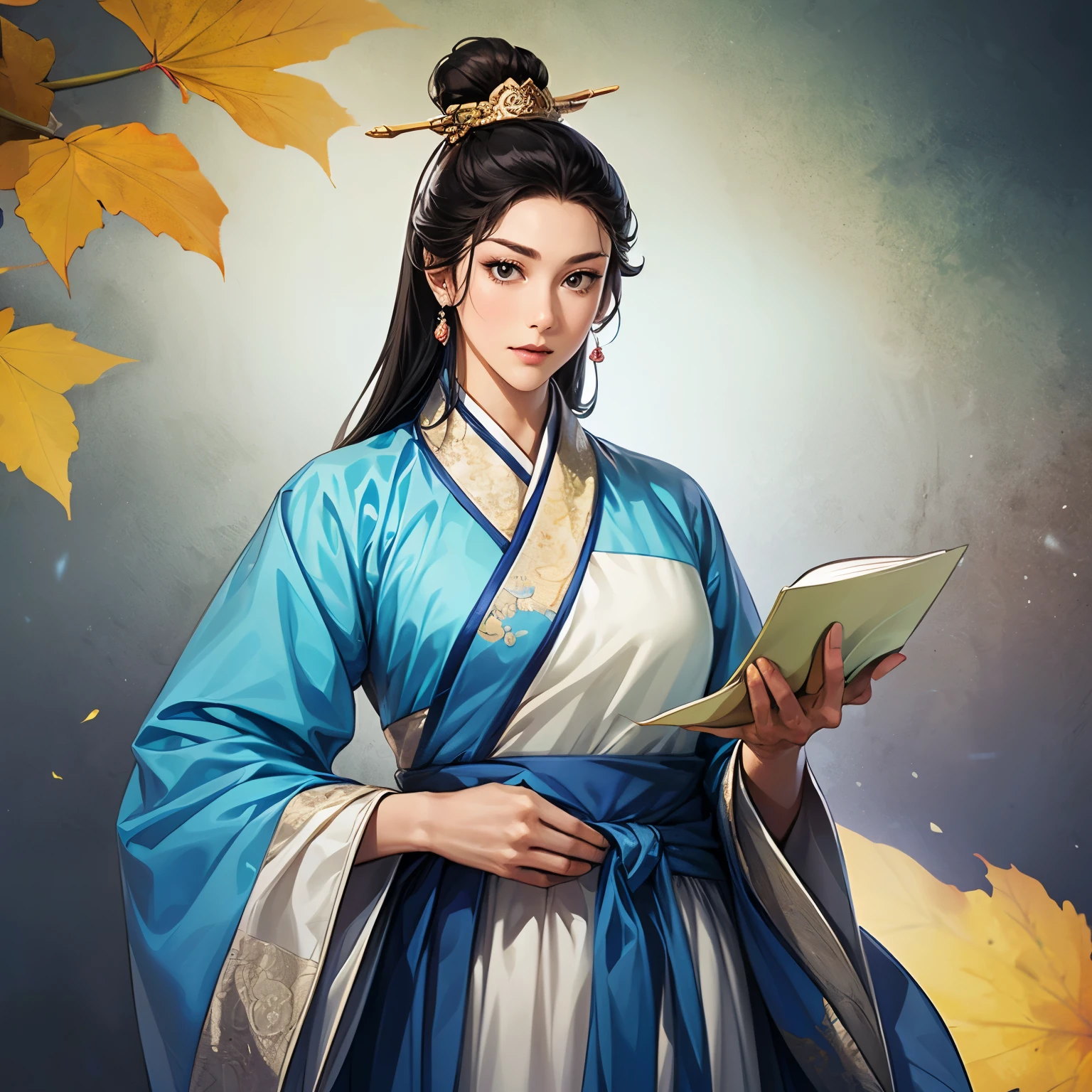 ((Create an image from head to waist:1.5)), 삼국지 일러스트, (sanguozhi:1.5), (((female solo))), 아름다운 여인, 아름다운 얼굴, various faces, (bhands:1.5), ((black hair)), various poses, (((make various facial expressions))), silver jewelry, (make a sexy look), (Hanbok:1.2), (holding an open scroll in both hands:1.3), 영롱한 배경, 흐릿한 배경, natural lighting