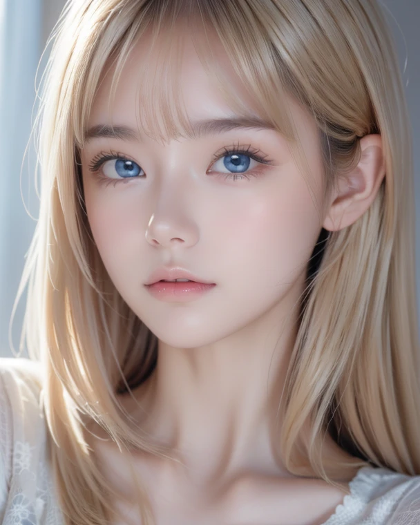 Very white, , the ultimate beautiful girl in the world 、Very beautiful baby face、 top quality、 super high resolution、( photorealistic:1.4)、(ulzzang-6500:1.0)、綺麗なbangs、顔の上のbangs、とても綺麗な美しい明るい blondeスーパーロングストレートヘアー、 very beautiful pale baby blue big eyes that shine so brightly、 Very Big Bright Eyes 、Small Face Beauty、Round face、 long hair, bangs,  blonde, 目の間のbangs, とても long hair,  hair to hide one eye, Straight Hair, Disheveled Hair, Super long hair, Hair in the eyes, Too much hair, Very white, bright, beautiful, moisturized, beautiful, glossy, beautiful skin
