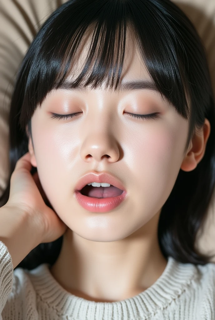 There is a woman lying in bed with her eyes closed, soft eyes and narrow chin, 奈良美智, blunt bangs fall on her forehead, the face of a beautiful Japanese girl, closeup Iwakura Lain, sakimichan hdri, けもの, japanese facial features