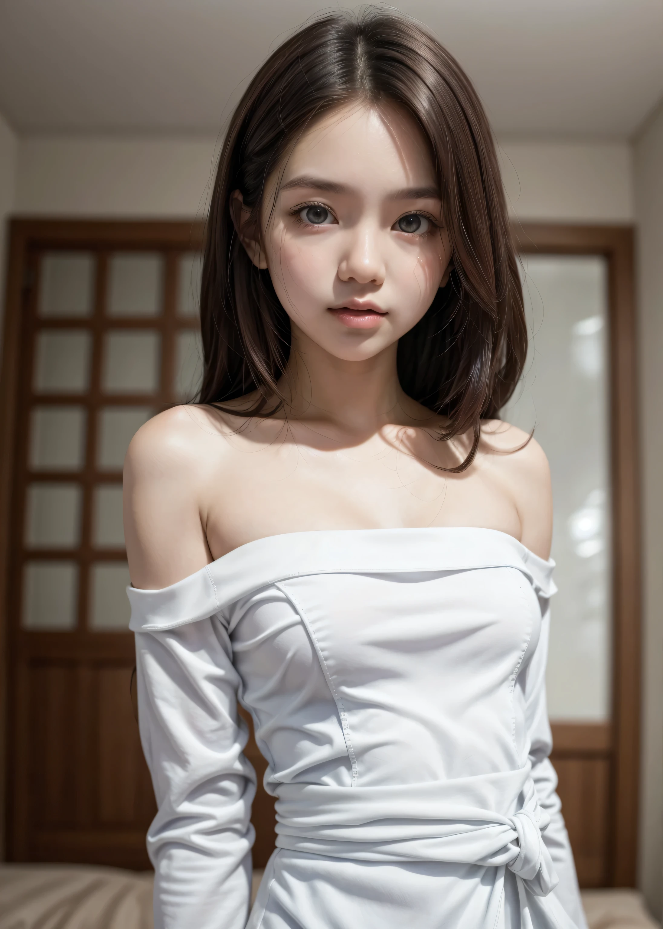 (fit Strapless dress), Chubby adorable:0.63, 2 girl, (head to waist), 18, baby face:1.2, joy, half body portrait:1.8 (face details: 1.2), (eye details: 1), ((small breasts)). pattani face, transparent soft long sleeve ((tomboy hair)), .bow down. Cute posed. proportional body. Ultra High Res:64K, realistic: 1.4, UHD:48K, (triplet pattern), view from side seductive pose (naked white), shiny skin
