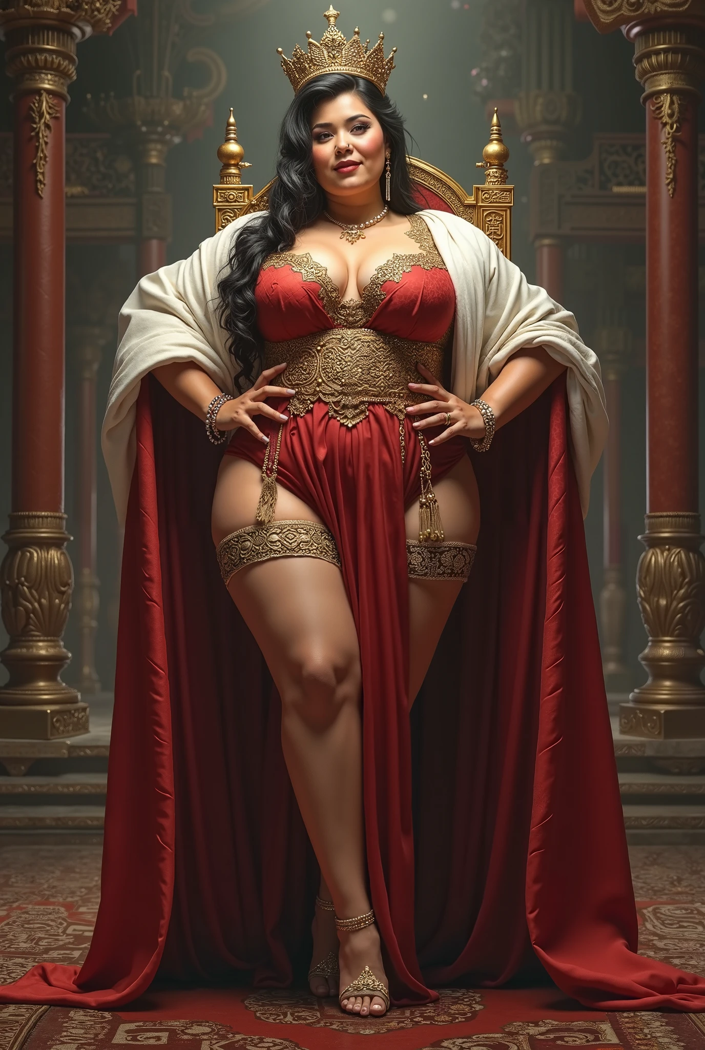 Curvy hourglass body, wearing royal dress