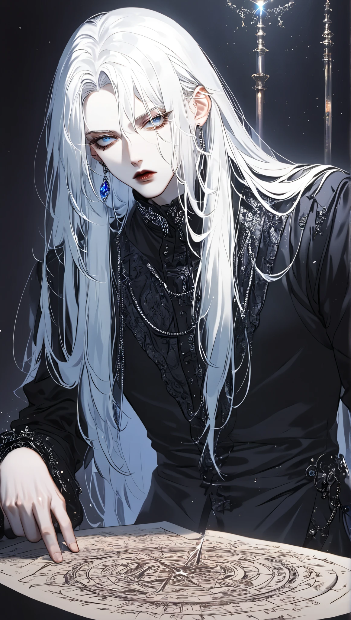  Man with white hair ,   pale skin,  blue eyes, solo,  Long hair,  jewelry,  masterpiece,  high quality,  Contemptuous look , Strictness,  Dutch corner, Shine, background defocus, Fluorescence,  ray tracing, illustration, Gothic, dark magician, The Magic Tower,  black magic ,  spell map ,  white hair, 