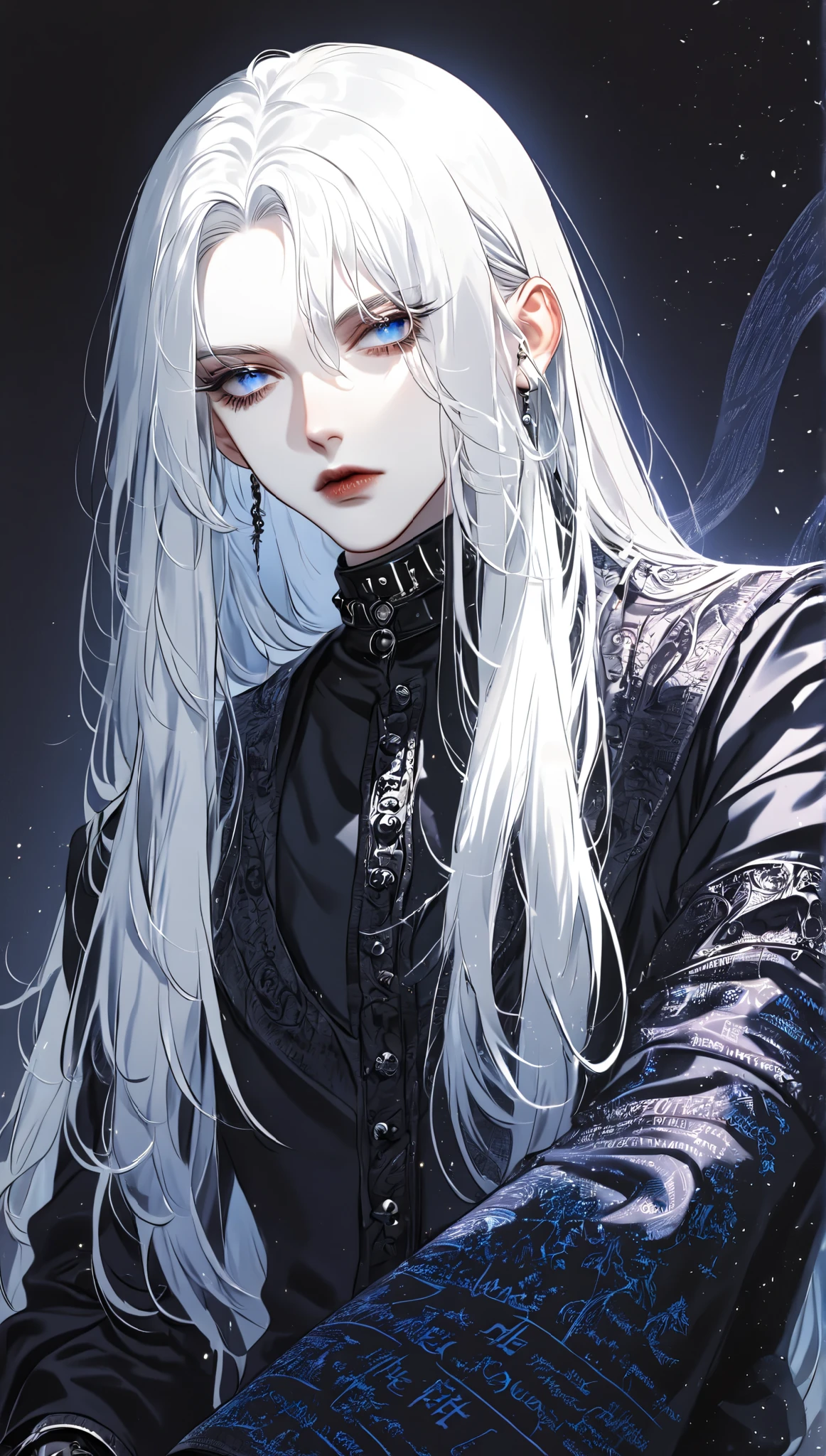 Man with white hair , pale skin, blue eyes, solo, Long hair, jewelry, masterpiece, high quality, Contemptuous look , Strictness, Dutch corner, Shine, background defocus, Fluorescence, ray tracing, illustration, Gothic, dark magician, The Magic Tower, black magic , spell map , white hair,
