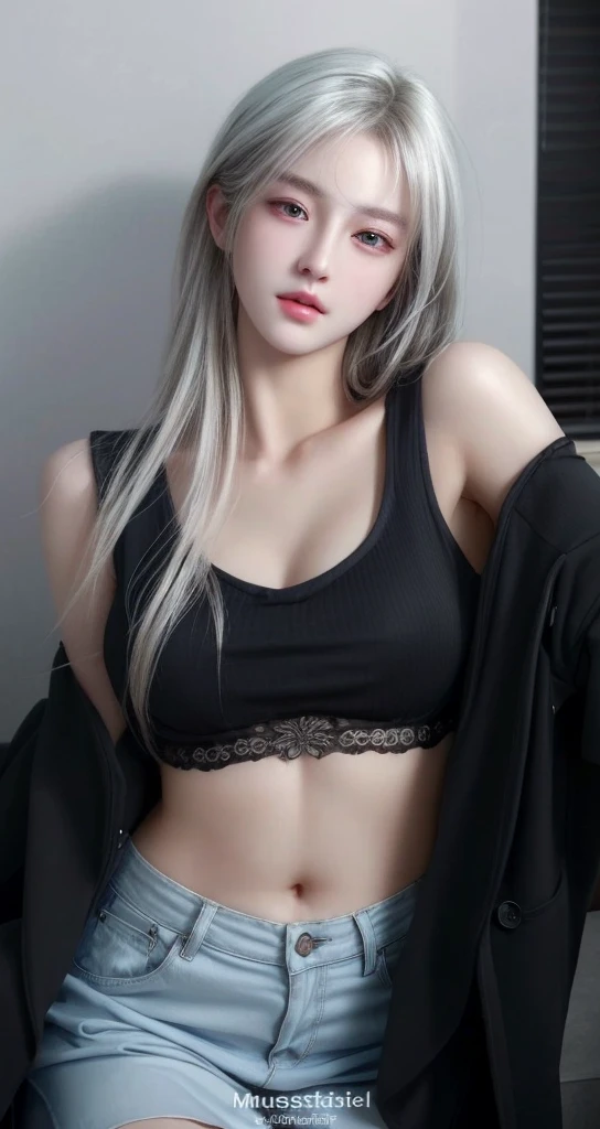 ((((masterpiece, best quality, high resolution)))), (1girl:1.5), ((long silky hair, silver hair, yellow eyes)), (medium breasts:1.2), blush, (light smile, parted lips), glow, thighs, bare shoulders, collarbone, narrow waist, (slender body figure), cleavage, wide hips, (beautiful detailed face, beautiful detailed eyes), ((black lace lingerie, thin material)), looking at viewer, nighttime, bedroom, ((cowboy shot))