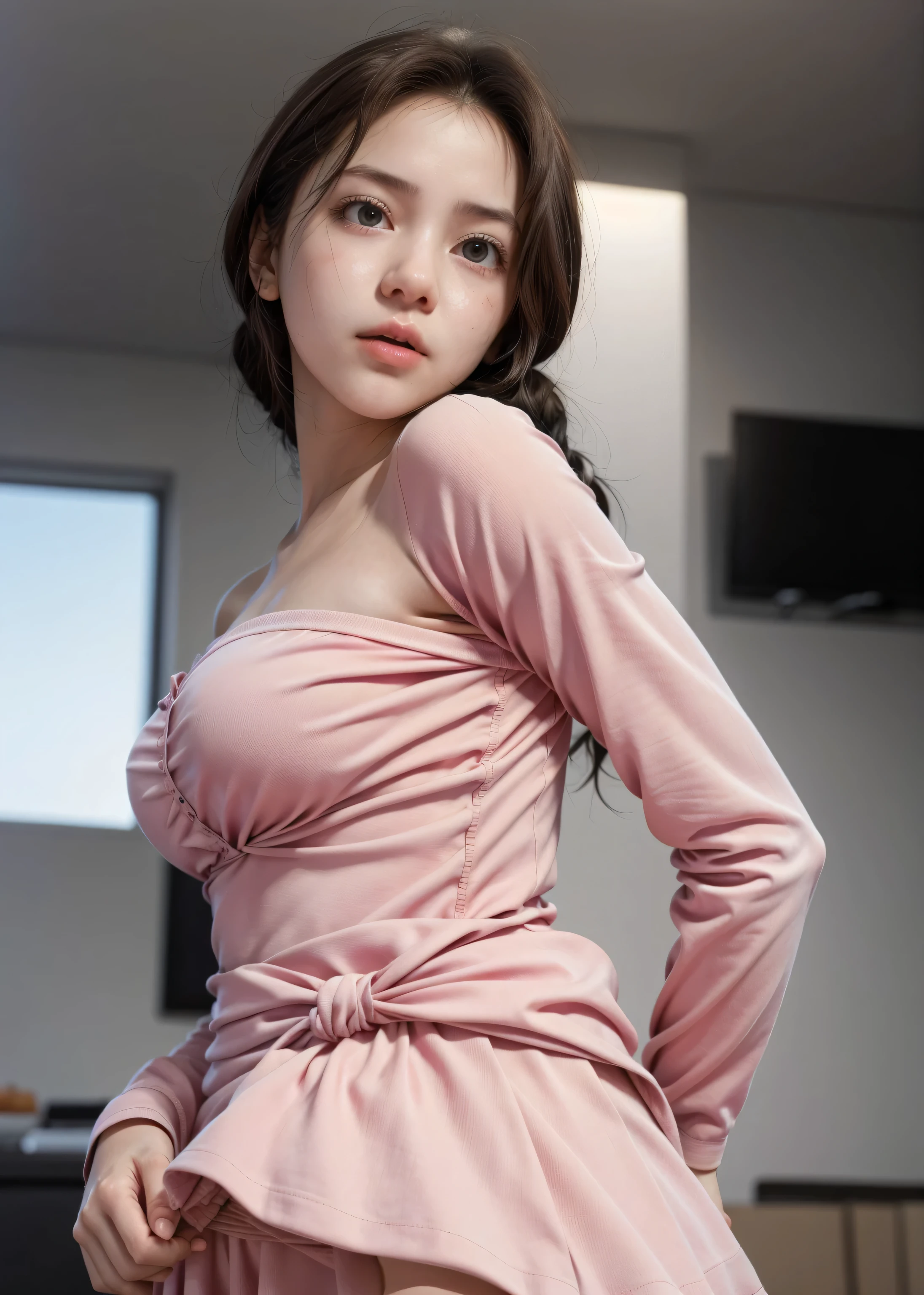 (fit Strapless dress), Chubby adorable:0.63, 2 girl, (head to waist), 18, :1.2, joy, half body portrait:1.8 (face details: 1.2), (eye details: 1), ((small breasts)). pattani face, transparent soft long sleeve ((tomboy hair)), .. Cute posed. proportional body. Ultra High Res:64K, realistic: 1.4, UHD:48K, (triplet pattern), view from side seductive pose (naked white), shiny skin