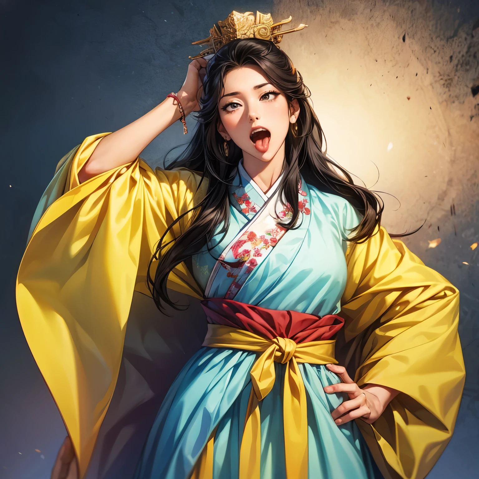 ((Create an image from head to waist:1.5)), 삼국지 일러스트, (sanguozhi:1.5), (((female solo))), (((아름다운 여인))), 아름다운 얼굴, various faces, (bhands:1.5), ((black hair)), various poses, (((make various facial expressions))), silver jewelry, (make a sexy look), (Hanbok:1.2), (holding an open scroll in both hands:1.3), ahegao, rolling eyes, cross-eyed, open mouth, tongue out, naughty face,
clenched teeth, closed mouth, gritted teeth,영롱한 배경, 흐릿한 배경, natural lighting