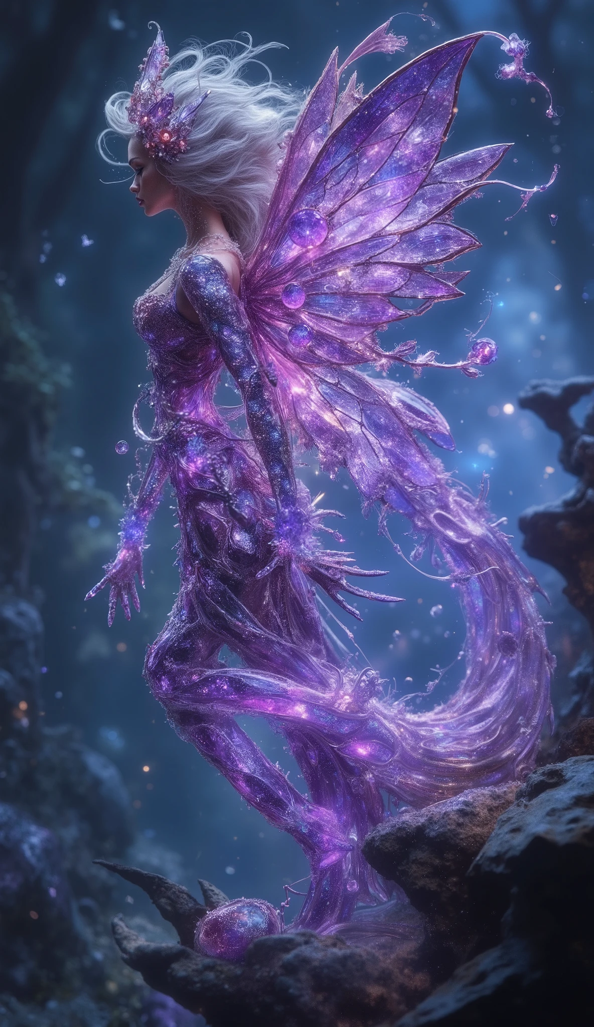 The jewel in the center continues to rotate and shine, Fairy made of jewels, purple, mysterious, never seen before, high quality, shining, fantastic, beyond imagination