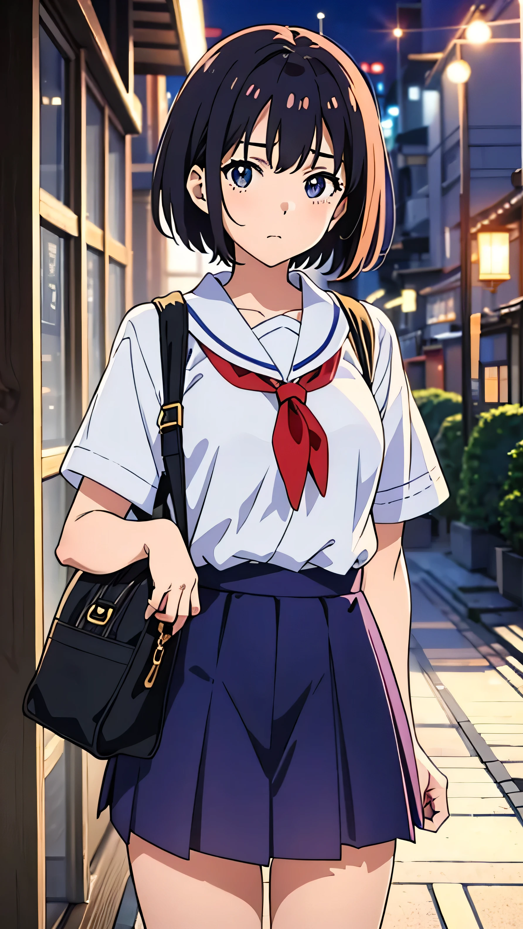 18 year old school girl with neat short hair wearing a typical Japanese school uniform is standing in front of her school yard with soft lighting in the style of Kyoto Animation anime studio, the first draw is the girl is facing front and the second draw is the girl is facing right, and the last draw is the girl is facing left