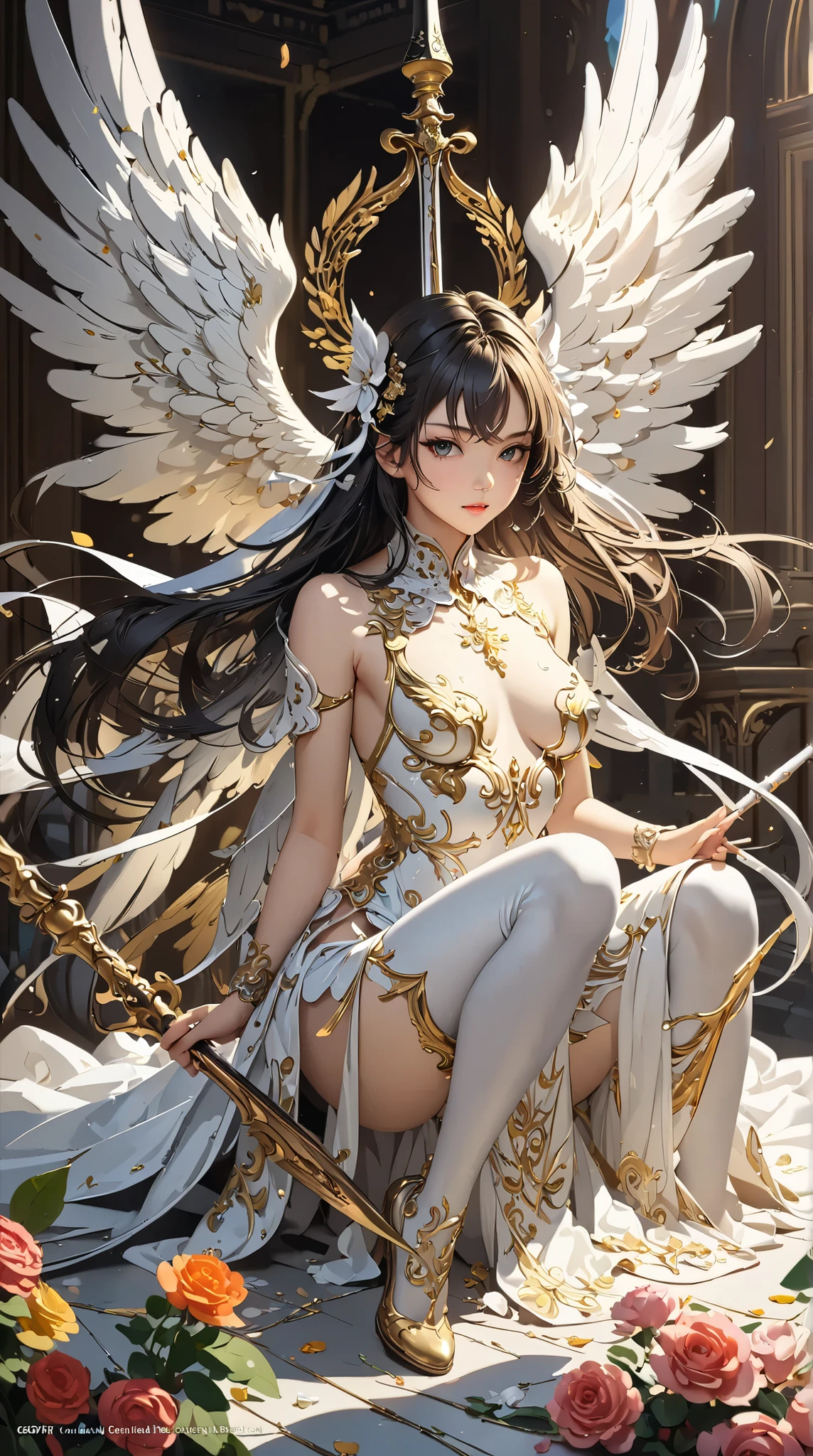 ((best quality)),(Ultra-high resolution),(Super detailed),(Detailed description),((Best CG))(Fantasy art with precise details:1.5), Black Hair，European classical long dress，Elizabeth neckline，(1 Female Angel:1.6),Angel Wings，side，Injuried，Blood，Half kneeling，Serious expression，get shot，Being chopped