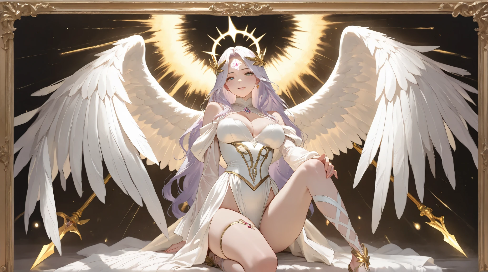 Heavenly Emperor, king of light, beautiful woman, Good shape, White Angel Dress, white skin, yellow eyes, long white hair, big breasts, Big butt.