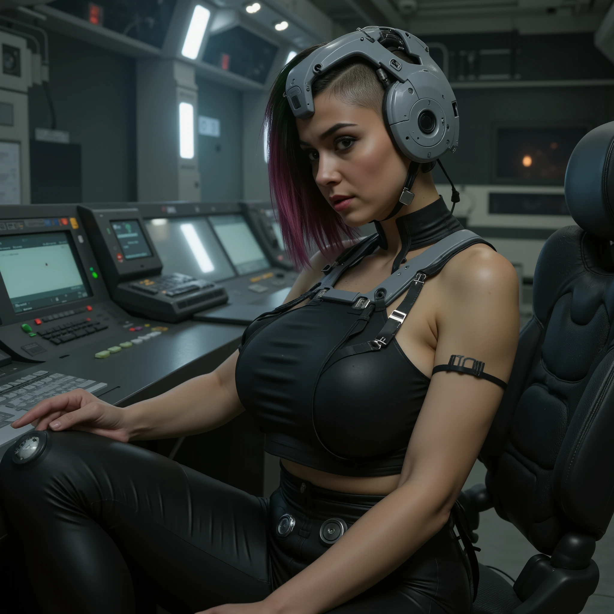 (professional photo, photorealistic portrait) of young dominant ((((fullbreasted)))) evil cyberpunk executioner ((Judy Alvarez)), unmade face, colourless lips, ((((looking sad into camera)))), ((((((looking devastated desperate into camera, painful crying)))))), (((((shaved head with grey brainimplant, big cyberimplant, tight grey cyberhelmet, thick cables leading to back, uncovered ears))))), tight waist, ((((((enormous oversized huge round breasts completely covered)))))), ((((adjusting with one hand huge regulator on electroconsole, holding remote control in the other hand)))), (((wearing ultra tight closed black latexsuit))), ((inside very dark scifi prison in spacestation)), ((clear bright daylight shining from side)), ((((((looking into camera)))))), ((((hyper detailed)))), ultra sharp focus, 8k, uhd, realistic, low saturation, low contrast, ultra realistic colours, ultra realistic skin