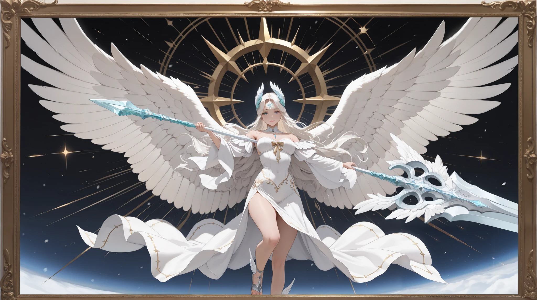 (( top quality)),( super high resolution),( very detailed),( detailed explanation ),(( best CG )),( Best Artwork ), Ultra-precise art, amazing painting art that sticks to the body,(Exquisite art:1.5), Female Angels, a beautiful and well-groomed face , Holy Seal on Forehead, Precisely Carved Holy Spear, Angel's wings spread wide, winged sandals, pure white angel costume, Gold border, Beyond the Frost ,