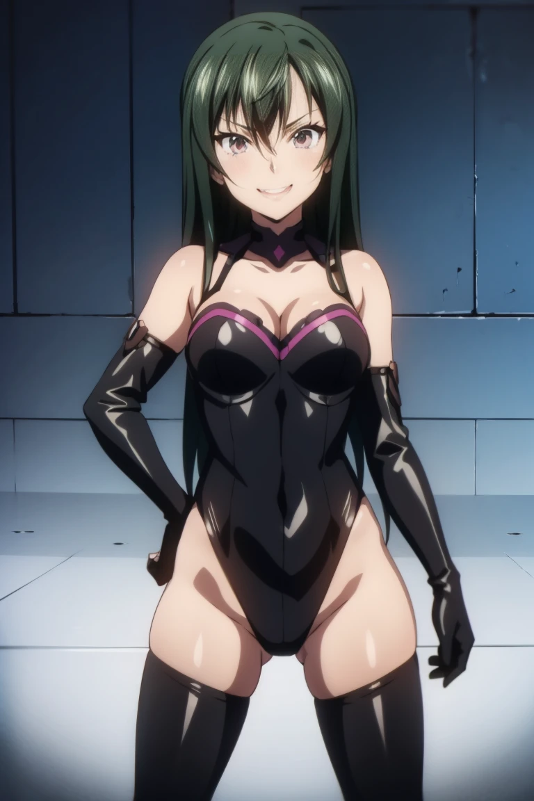 beautiful, masterpiece, ultra detailed, extremely detailed, ultra high res, 8k, beautiful detailed face, anime screencap, heart shaped face woman, (black hair:1.2), long hair, hair between eyes, large breasts, fearless face, sharp face, slant eyes, cat eyes, 170cm tall, adult, perfect proportion, (((black high-leg leotard, black clothes))), (((bare shoulder))), cleavage, (((thigh boots))), choker, (((military cap))), anime style, extremely ultra detailed beautiful face and eyes, front view, raw phot, incredibly absurdres, Beautiful portrait of cute anime girls, super fine illustration, full-hd, hdr, best aesthetic, distinct, exquisite, masterwork, by famous artist, highers, (((perfect anatomy))), mocking, (((rape face))), (((evil grin))), intense eyes, sadistic, gleaming skin, oil skin, slut face, full-face blush, smirking, mischievous grin, furrowed mouth, both legs, pouty lips, downturned corners, rosy hue, grin widely, cheeky smirk, (((bad-tempered glare))), gloating, crazy smile, scary face, cruel smile, fang, connected teeth,, (((elbow gloves))), (((big connected teeth)), glare, grimace, smirk, (((scowling face))), smile broadly, symmetrical eyes, even eyes, perfect eyes, (((squinting eyes))), deep detailed eyes, shiny clothes, 1girl, solo, smug, smile grimly, (((dimpled smile))), pink eyes, (((upper body shot and standing))), (((laugh))), (((pleasure face))), (((brutality face))), (((scary face))), (((fang))), super detailed skin, official art, production art, top quality, high quality, amazing quality, finely quality, fantastic, professional quality, perfect hands, perfect arms, both arms, two arms, both hands, two hands, cleavage cutout, bare collarbone, shiny hair, anime best girl, cel anime, bangs, spread back hair, adult face, 