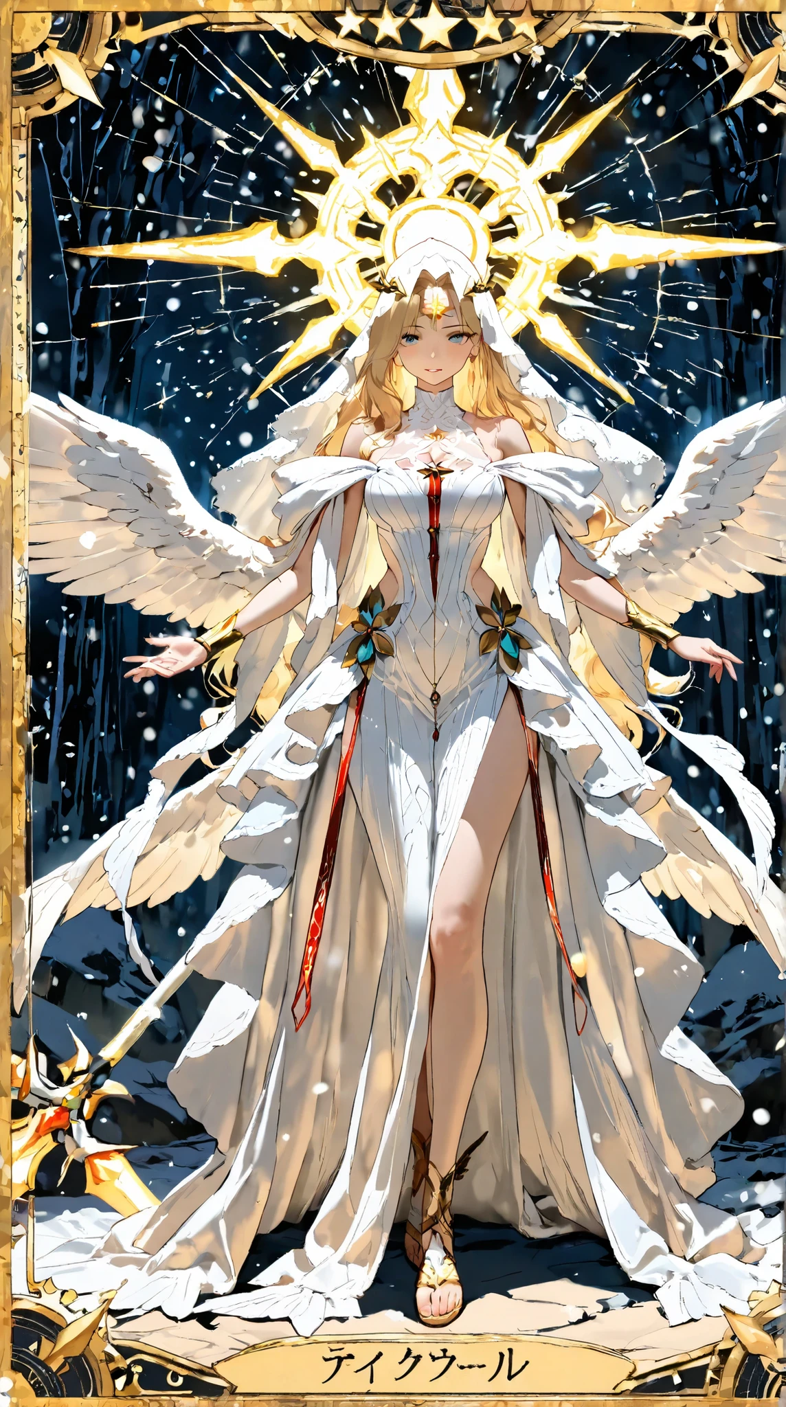 (( top quality)),( super high resolution),( very detailed),( detailed explanation ),(( best CG )),( Best Artwork ), Ultra-precise art, amazing painting art that sticks to the body,(Exquisite art:1.5), Female Angels, a beautiful and well-groomed face , Holy Seal on Forehead, Precisely Carved Holy Spear, Angel's wings spread wide, winged sandals, pure white angel costume, Gold border, Beyond the Frost ,