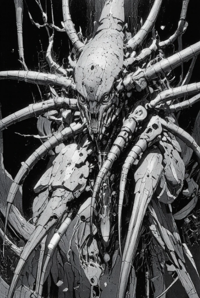 lineart, monochrome, dread, body horror, gothic, horror, surreal, terror, fear, despair, cosmic horror, halo, blood, eldritch, lovecraftian, visceral, tentacles, nightmare, hell, demonic, biomechanical, cyborg, sci-fi, dreamlike, dramatic, outer space, stars, planets, detailed background <lora:animeLineartStyle_v20Offset:1>