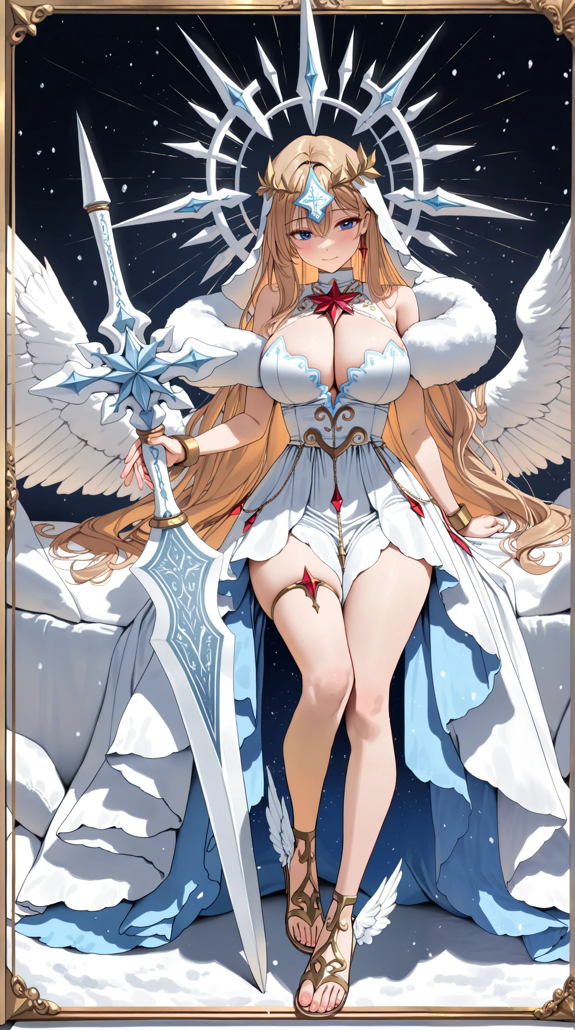 Priestessess,Valkyrie,Angel Wings,belly button,Side bust,Complex,Particles of light,Thighs,Shiny skin, Perfect lighting, One girl,  View your viewers,Winged hat,Pelvic Curtain, smile,(masterpiece), (Highest quality), Very large breasts, maternal, Porcelain-like skin, Honey Blonde Hair, Very long hair, Wavy Hair