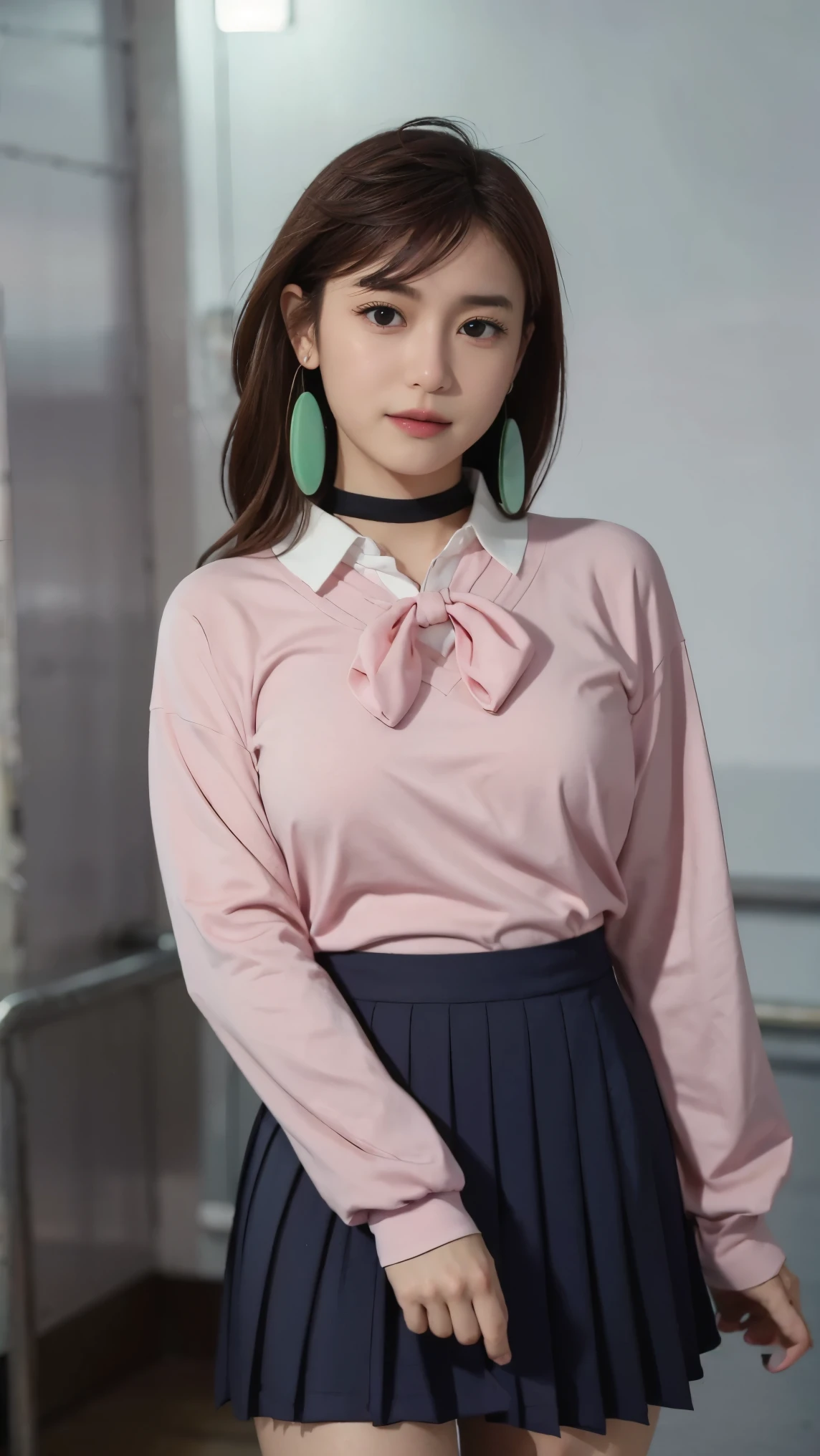 extremely high quality photo, Momo Ayase, sharp focus, realistic, source_photo, proper alignment, young Japanese model, cafe setting, city at night background, glamorous, sexy, seductive, portrait, detailed face, smiling, Shy, ayase_wz, medium hair, brown hair, brown eyes, large breasts, chocker, choker, red bowtie, (pink cardigan:1.2), long cardigan, long sleeves, blue skirt, pleated skirt, school uniform, short skirt, earrings, loose socks, white socks