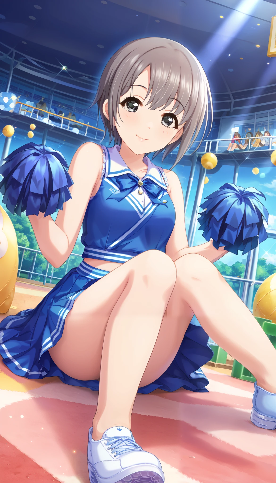 (((Otokura yuuki )))、((((Blue cheerleader)))、((( low angle)))、((( thighs)))、(((Sitting on the floor holding your knees)))、((( pose to raise both arms)))、(((Close-up)))、 playground、 Ulchan-6500-v1.1, ( RAW photos :1.2),  beautiful detailed,  very detailedな目 美しい目, beautiful eyes、  file size is large,  high resolution,  very detailed,  top quality, [ Masterpiece:1.6], Awareness-raising,  very detailed, CG, finely,  top quality, 8K wallpaper,  Perfect Body、 dynamism 、 very detailed