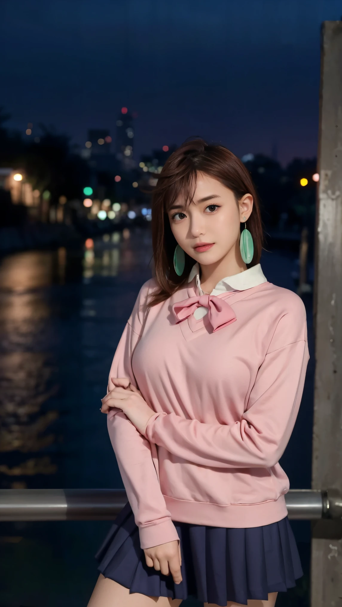 extremely high quality photo, Momo Ayase, sharp focus, realistic, source_photo, proper alignment, young Japanese model, cafe setting, city at night background, glamorous, sexy, seductive, portrait, detailed face, smiling, Shy, ayase_wz, medium hair, brown hair, brown eyes, large breasts, chocker, choker, red bowtie, (pink cardigan:1.2), long cardigan, long sleeves, blue skirt, pleated skirt, school uniform, short skirt, earrings, loose socks, white socks