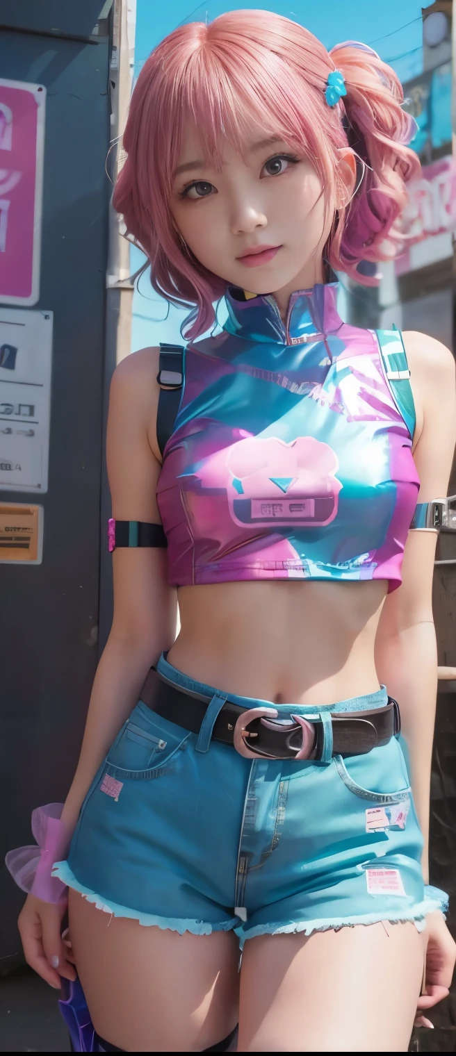 Fancy Idol Girl 、A pure girl's face、 hypo、fluorescent pink punk shirt(、fluorescent blue latex tight shorts)、Gorgeous Belt 、、Glowing Punk Town