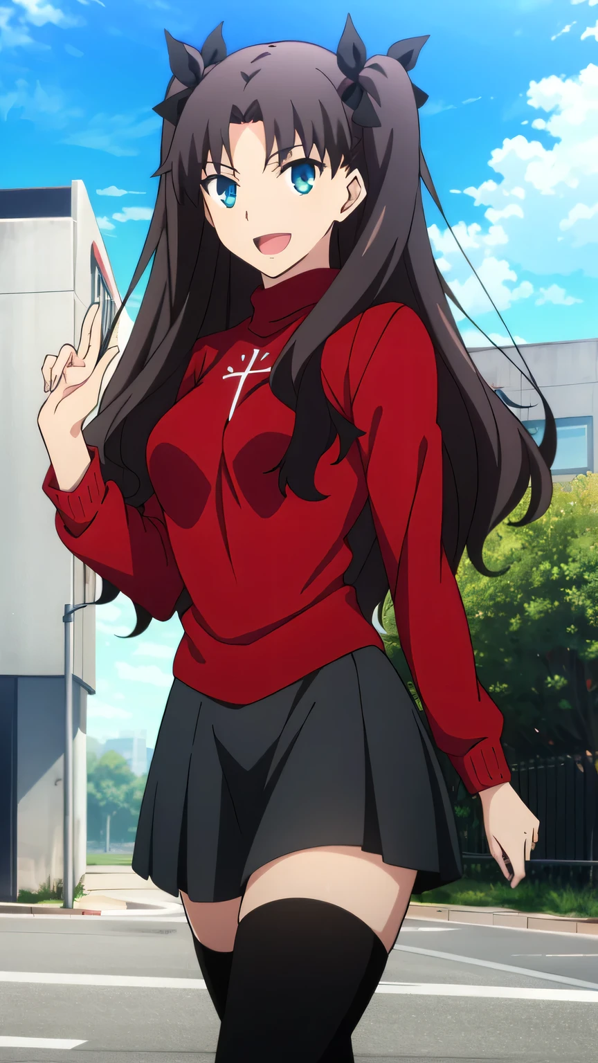 {{{masterpiece}}}, (best quality:1.5), (ultra-detailed:1.5), {illustration}, {{an extremely delicate and beautiful}}, (beautiful detailed eyes:1.6), absurdres, highres, extremely detailed face, 16k, hd, visual anime de uma jovem mulher, extremamente bonito rosto de anime, anime melhor garota, (perfect hands, perfect anatomy), anime face, Tohsaka Rin(Fate/stay night), ChopioTohsakaRin, 1girl, solo, cute face, black hair, long hair, two side up, parted bangs, black hair ribbon, aqua eyes, (High resolution eyes, Beautiful eyes, Light in the eyes), medium breasts, big hips, curvaceous, BREAK, outfit_2, red sweater, turtleneck, cross, long sleeves, (sweater tuck out:1.2), black skirt, pleated skirt, (micro mini skirt:1.2), black thighhighs, thighs, zettai ryouik, BREAK, open mouth, smiling, flushed cheeks, walking, looking at viewer, outdoor, city, building, sky, daytime, cowboy shot