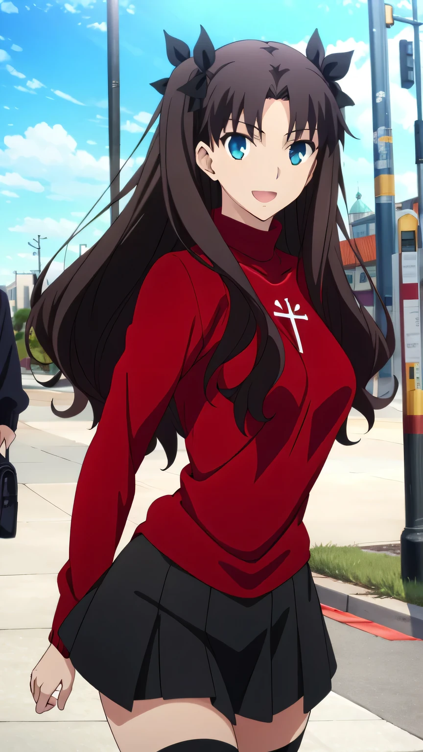 {{{masterpiece}}}, (best quality:1.5), (ultra-detailed:1.5), {illustration}, {{an extremely delicate and beautiful}}, (beautiful detailed eyes:1.6), absurdres, highres, extremely detailed face, 16k, hd, visual anime de uma jovem mulher, extremamente bonito rosto de anime, anime melhor garota, (perfect hands, perfect anatomy), anime face, Tohsaka Rin(Fate/stay night), ChopioTohsakaRin, 1girl, solo, cute face, black hair, long hair, two side up, parted bangs, black hair ribbon, round face, big eyes, aqua eyes, (High resolution eyes, Beautiful eyes, Light in the eyes), medium breasts, big hips, curvaceous, BREAK, outfit_2, red sweater, turtleneck, cross, long sleeves, (sweater tuck out:1.2), black skirt, pleated skirt, (micro skirt:1.2), black thighhighs, thighs, zettai ryouik, BREAK, open mouth, smiling, flushed cheeks, walking, looking at viewer, outdoor, city, building, sky, daytime, cowboy shot