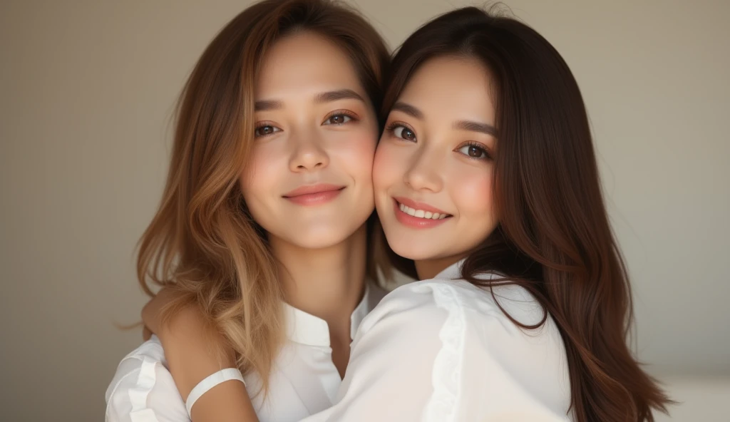 ((night, Real Light, Highest quality, 8K, masterpiece: 1.3)), Beautiful girl with normal figure: 1.4, (Brown Hair, huge: 1.3), white underwear, Lying in bed, Ultra detailed face, double eyelid、Real Face、 makeup、Very relaxed、Smiling Kindly、21-year-old Japan woman