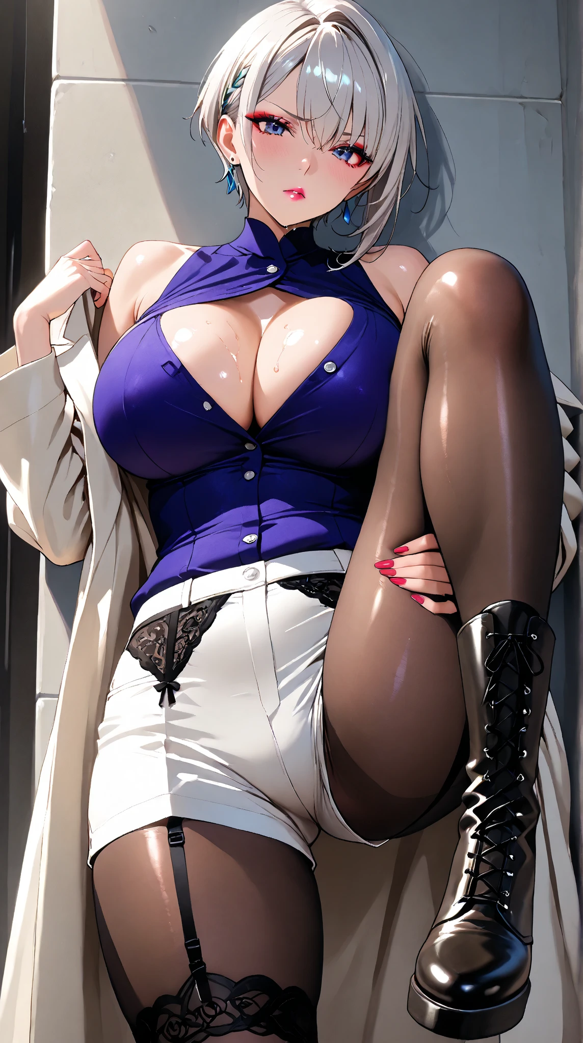 Hinata hyuga, milf, beautiful face, looking at viewer, boruto, micro panties, super big breast, big ass, black hair, red lips, ultra realistic, purple eyes, short hair, 4k ultra hd, unzip bra, laying on the bed