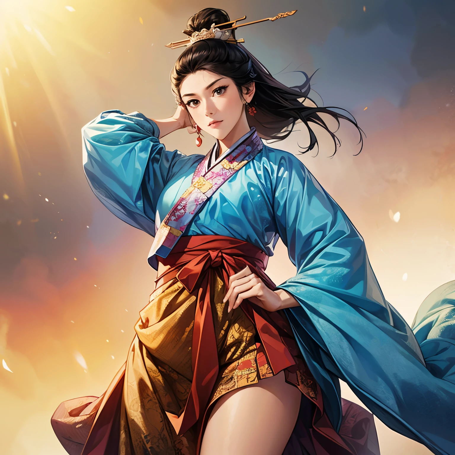 ((Create images from head to thigh:1.5)), 삼국지 일러스트, (sanguozhi:1.5), (((female solo))), 아름다운 여인, 아름다운 얼굴, various faces, (bhands:1.5), ((black hair)), various poses, (((make various facial expressions))), silver jewelry, (make a sexy look), (Hanbok:1.2), (holding an fan:1.3), 영롱한 배경, 흐릿한 배경, natural lighting