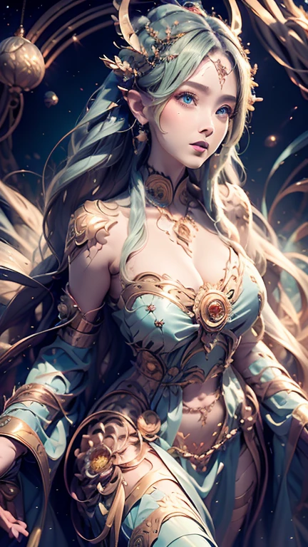 (best qualtiy,ultra - detailed,Most Best Illustration,Best shadow,tmasterpiece,A high resolution,professionalartwork,famousartwork),Sky blue picture style,Detailed eyes,beautidful eyes,closeup cleavage,sci-fy,colored sclera,Robot eyes,face markings,Tattooed with,(fractalized,Fractal eyes),largeeyes,Wide eyes,(Eye focus),sface focus,Cosmic eyes,Space eyes,Close-up of metal sculpture of a woman with a moon in her hair,goddes。extremly high detail,3 d goddess portrait,Extremely detailed footage of the goddess,a stunning portrait of a goddess,Full body portrait of the goddess,hecate goddess,portrait of a norse moon goddess,goddess of space and time,PureErosFace_V1,Urzang-6500-V1 version.1,