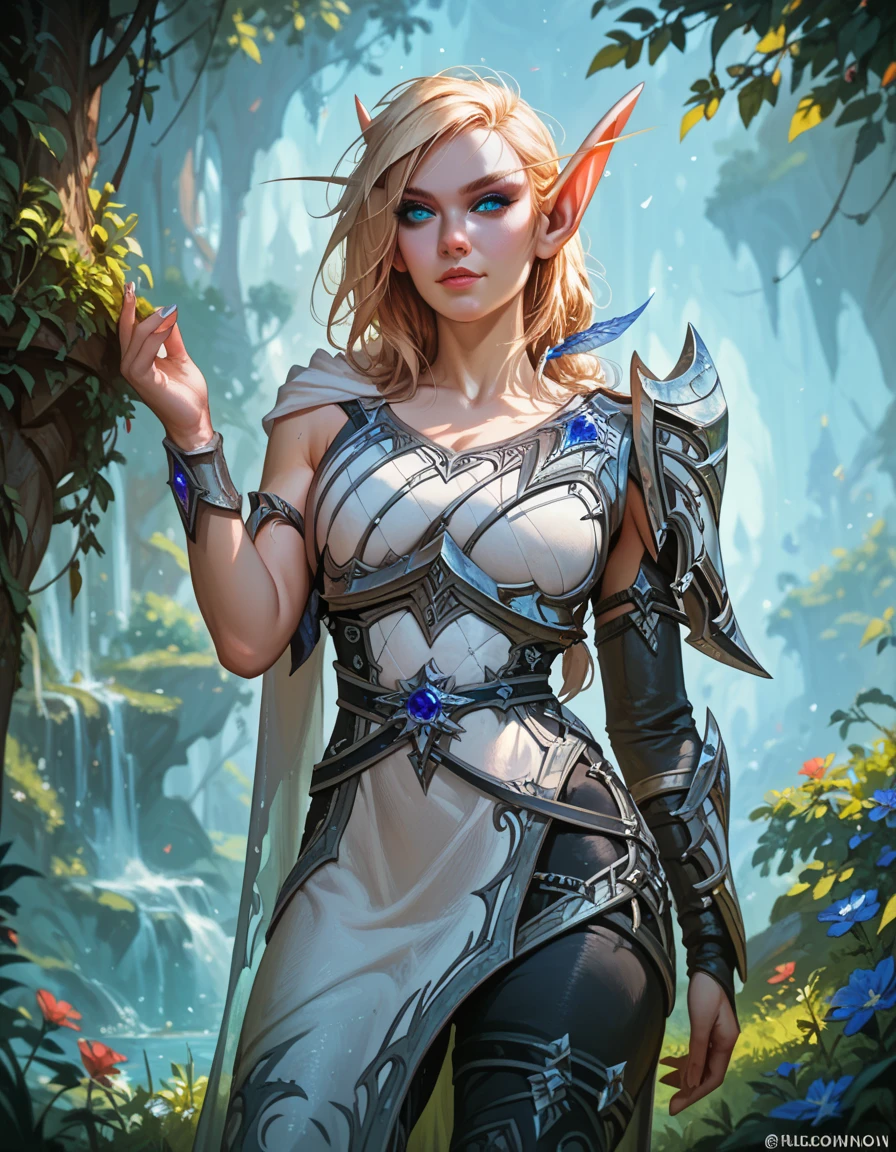 ((1 elfo feminino), obra-prima, melhor qualidade, super fine illustration, um rosto lindo extremamente fofo e altamente detalhado olhando para o espectador, 1 garota, cinto, close-up, olhando para o espectador, 4k, high resolution, corpo inteiro, A imagem  apresenta uma personagem feminina com longos cabelos loiros, cabelos loiros,wearing braids, vestindo uma camisa azul e branca.    The character looks directly at the camera with a soft gaze and calm expression.    Busto grande, cabelos loiros, olhos rosa, A imagem tem estilo cartoon e uma paleta de cores suaves, criando um ambiente calmo e contemplativo.   Scenery in front of a forest clearing , holding a thin bladed sword,Wearing Traditional elven light battle armor (SFW)Blonde 