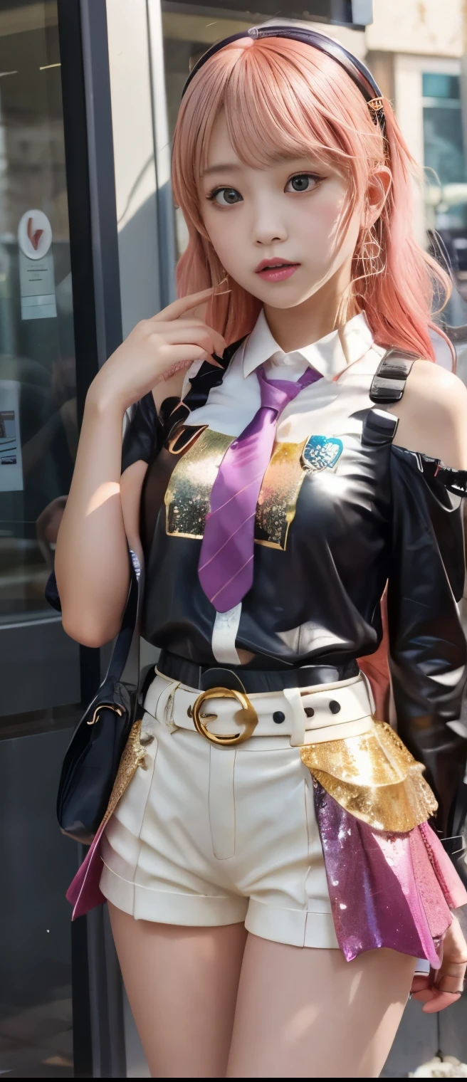  Fancy Idol Girl 、A pure girl's face、 hypo、gold sequin shirt with tie、 White Tight Shorts 、Skeleton Belt、、Glowing Punk Town 
