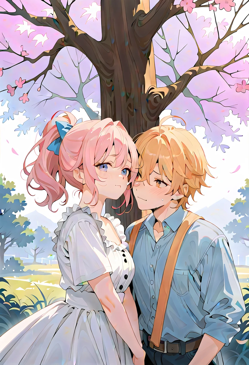 Siblings. Japanese teenage beautiful girl with blonde hair wavy braids. Pink almond eyes. Smooth skin. Standing next to a boy. Her brother. Boy with short and messy pink hair. Gold yellow almond eyes. Smooth skin. Beautiful faces. Sit. Young adult.