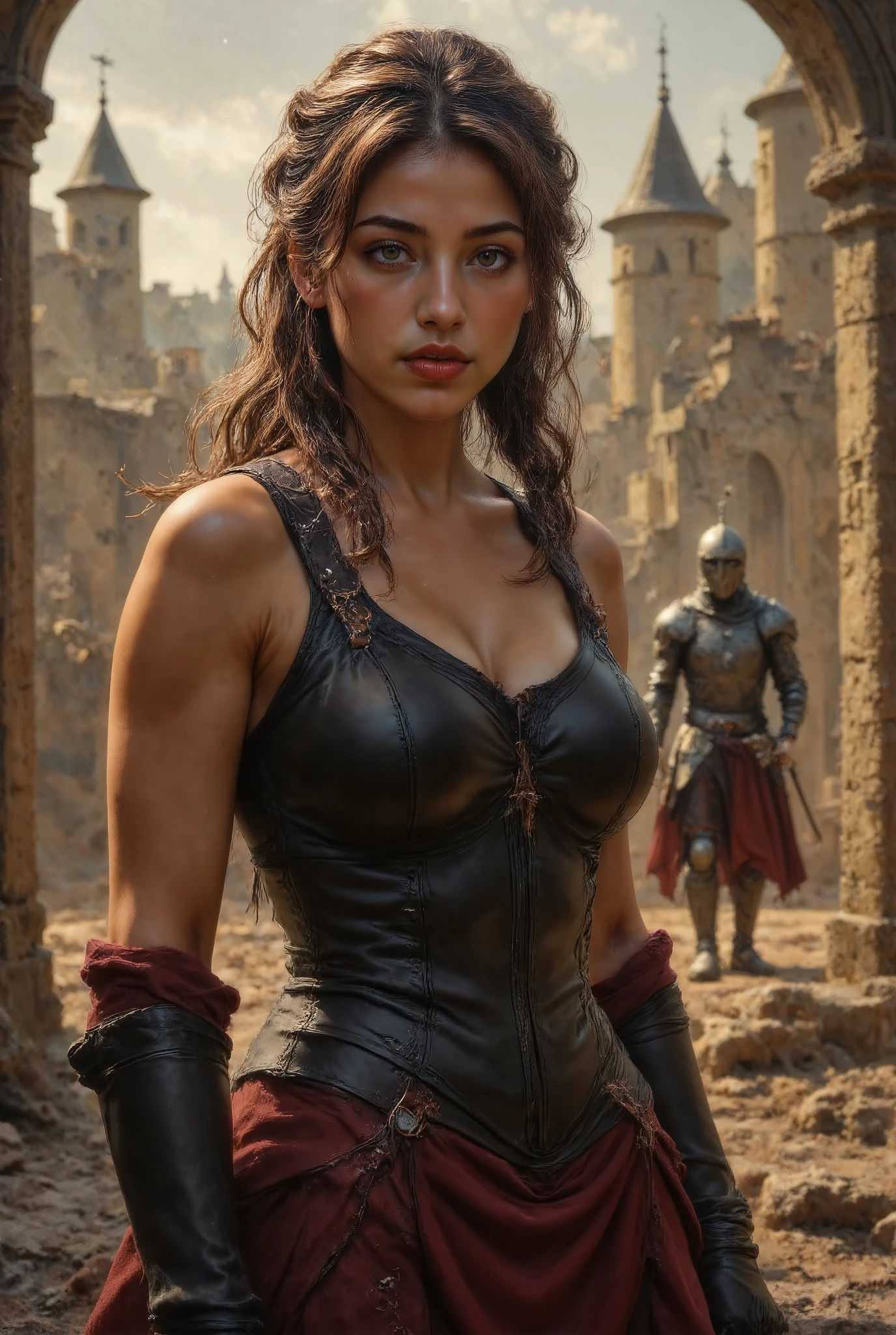 (epic fantasy art), ( RAW photos in the loop), ( is present), ( Photorealistic ),   super high resolution,  Masterpiece,  top quality,  perfect lighting,  detailed lighting,  dramatic shadow ,  ray tracing, (( sharp concentration:1.2)),  1 beautiful woman, 20 years old, ((Idol&#39;s face:1.35)), (( slender body:1.2)), Chest, 腹logic, logic, ((  beautiful detailed brown eyes :1.35)), (( eyeshadow:1.2)), (( red lips:1.2)), ((Dark Skin:1.2)), ((Big Breasts:1.5)),  cramped waist, The size of thick thighs ,  long braids ,  light brown hair ,  Mouth half open ,  smiles,  is staring at the viewer, ((Medieval Sexy Leather Armor :1.2)), (( Fantasy Medieval City:1.2)), ((  knight :1.2)),