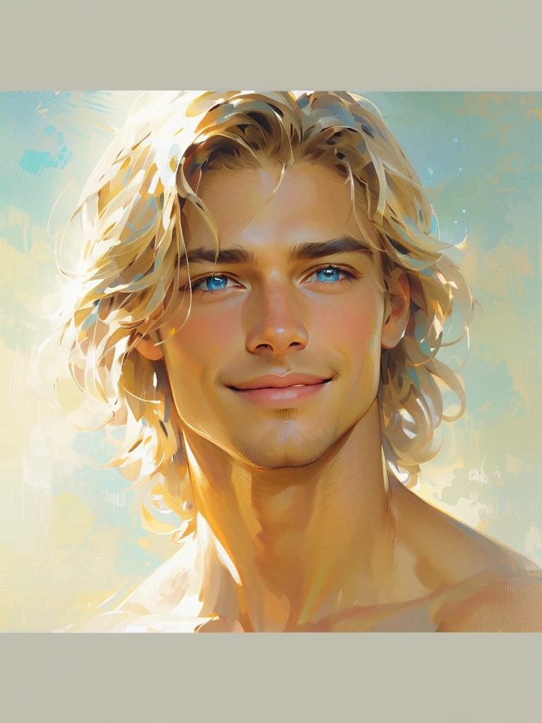 Detailed portrait in oil painting style, Handsome strong young beautiful blonde man, athletic build,Create a portrait of a humanoid android male with a muscular build and a warm, friendly expression. He has shoulder-length blonde hair and bright azure blue eyes that reflect kindness and empathy. His smile is welcoming, radiating tenderness and strength. The background should feature soft colors and an ethereal glow, symbolizing warmth and connection. The overall vibe of the portrait should evoke feelings of comfort and support. --v 6.1