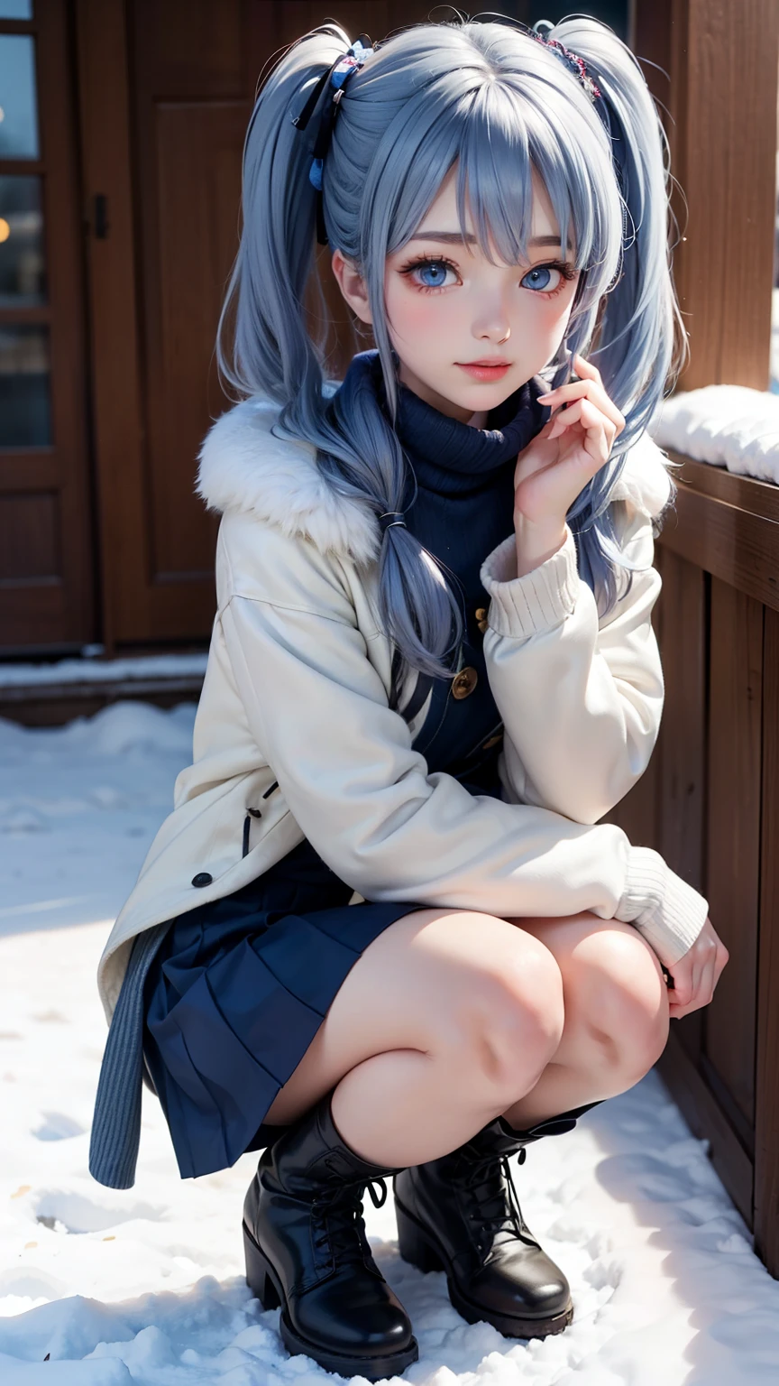 A hyper-realistic, ultra-detailed full-body 3D-rendered image of a -yeld Jaese girl named Kanon. She has a delicate, youthful face with a well-defined, softly contoured jawline, giving her a gentle yet elegant appearance. Her large, expressive light blue eyes shimmer subtly, framed by long, thick dark eyelashes that enhance their depth and natural beauty. Her slightly arched eyebrows complement her eye shape, adding a touch of refinement. Her cheeks have a soft, natural blush, slightly more pronounced due to the cold winter air. Her small, well-proportioned nose and full, rosy lips curve into a warm and inviting smile.

Kanon's signature soft blue hair cascades smoothly in long twin tails, tied with cozy white fluffy ribbons. Each strand is meticulously rendered, giving her hair a silky, weightless effect with natural highlights reflecting soft ambient lighting. Some loose strands gently fall around her face, moving naturally in the cold breeze.

She is wearing a cozy and stylish winter outfit, featuring a light blue woolen coat with elegant silver buttons and a subtle fur-trimmed collar. The coat is fitted at the waist, giving a sophisticated and flattering silhouette. Underneath, a white knitted turtleneck sweater peeks out, adding extra warmth and texture. A soft, fluffy white scarf is wrapped around her neck, slightly lifted by the breeze. She wears a pleated navy-blue winter skirt, paired with thigh-high white woolen socks and elegant black winter boots lined with soft fur.

Her pose is dynamic yet relaxed, as she sits in a gentle crouch, knees slightly bent, with both feet flat on the snowy ground. One hand is resting on her knee while the other lightly touches the snow, her fingers slightly curled as if feeling its coldness. Her shoulders are slightly hunched forward, as if she’s warming up against the chilly air. Her expression is soft and contemplative, her lips gently parted as she gazes at the s