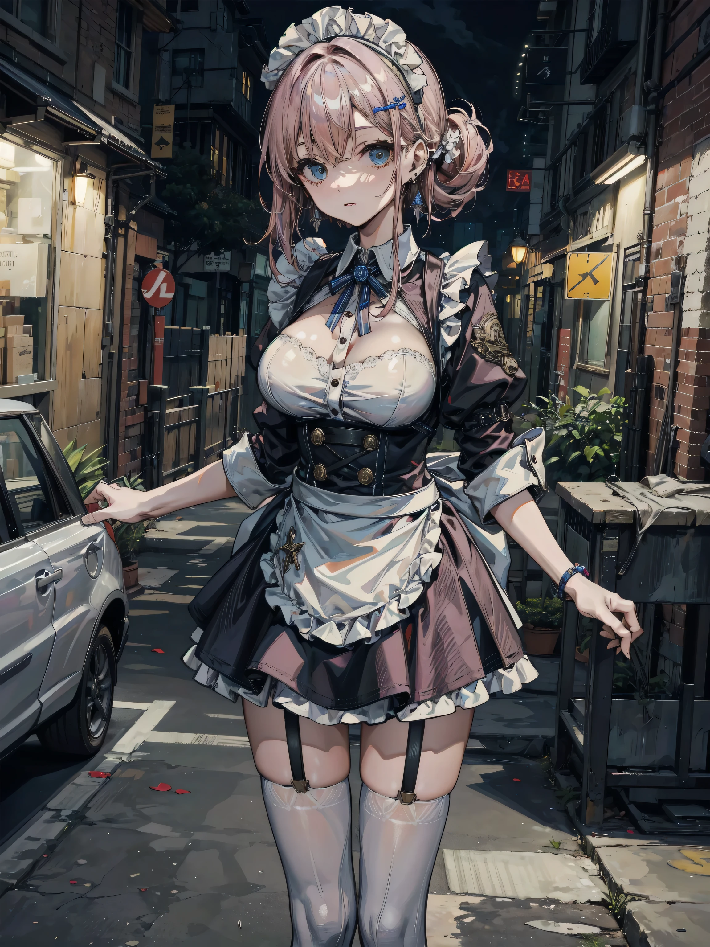 (Masterpiece, BestQuality:1.3), (ultra detailed:1.2), (hyperrealistic:1.3), (RAW photo:1.2), High detail RAW color photo, professional photograph, (Photorealistic:1.4), (realistic:1.4), professional lighting, perfect anatomy, (Big Breasts:1.1), (blush, detailed face), (cheerful Smile:1.5), Trending Hair&Trending Hairカラーをランダムに, earrings, necklace, bracelet, sexly, erotic sexly, Random sexy gravure poses, (A beautiful pink-haired girl in Lolita fashion is in a city street square。Hair in a ponytail、spread your skirt。:1.3)