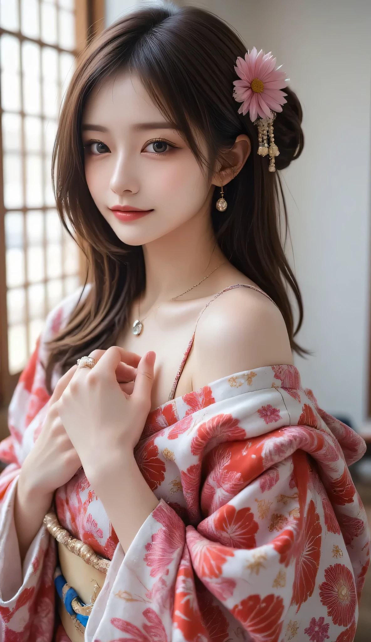A close up of a woman in a kimono with a flower in her hair - SeaArt AI
