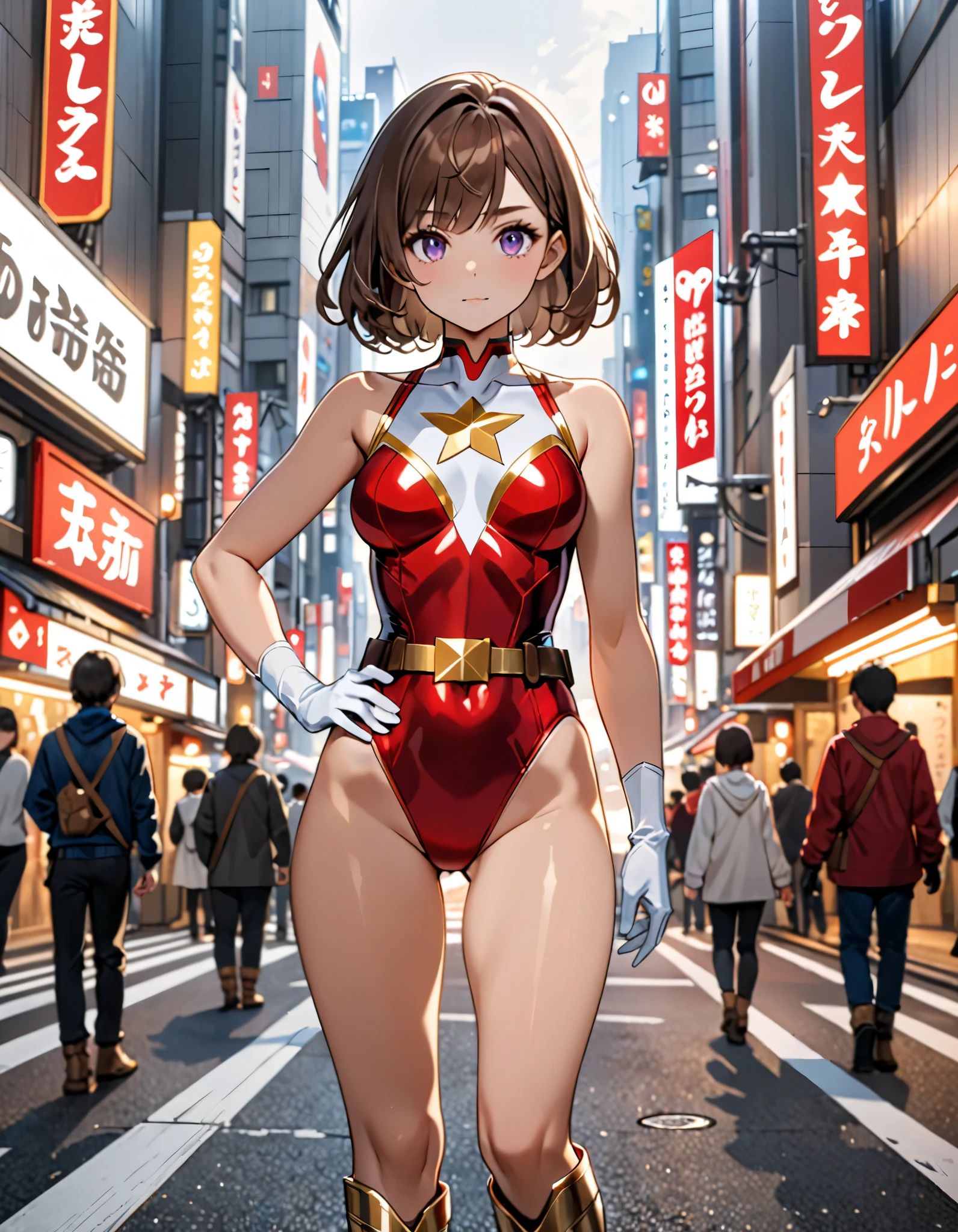 (masterpiece), (best quality), (high res), medium breasts, ((leotard, white and red leotard, matching leotard, sleeveless, bare legs)), ((tight belt, gold belt)), ((boots, matching boots, ankle-high boots, white boots)), ((gloves, white gloves)), city backdrop, tokyo city backdrop, solo, solo focus, standing, (full body), cowboy shot, superhero, ((beautiful detailed eyes)), ((gold star symbol on chest)), (brown hair, medium hair, bob hair, purple eyes), (perfect hands, perfect anatomy), cowboy shot, superhero, ((beautiful detailed eyes)), full body costume design.