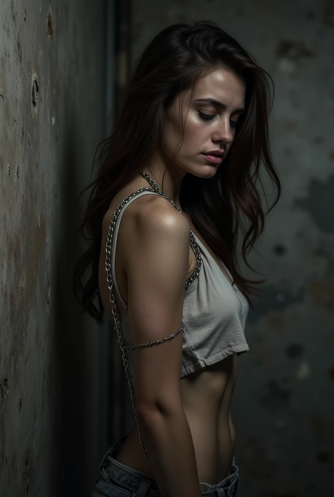 White woman with brown hair wearing tight jeans with unbuttoned belt, handcuffed and confused