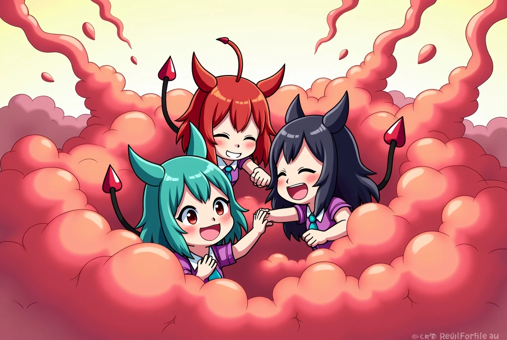 a group of demon girls playfully fighting in a comical black battle cloud, different hair and skin colors, only their faces, hands, and feet peeking out from the cloud, humorous and energetic brawl, fluffy and exaggerated battle cloud, anime style illustration