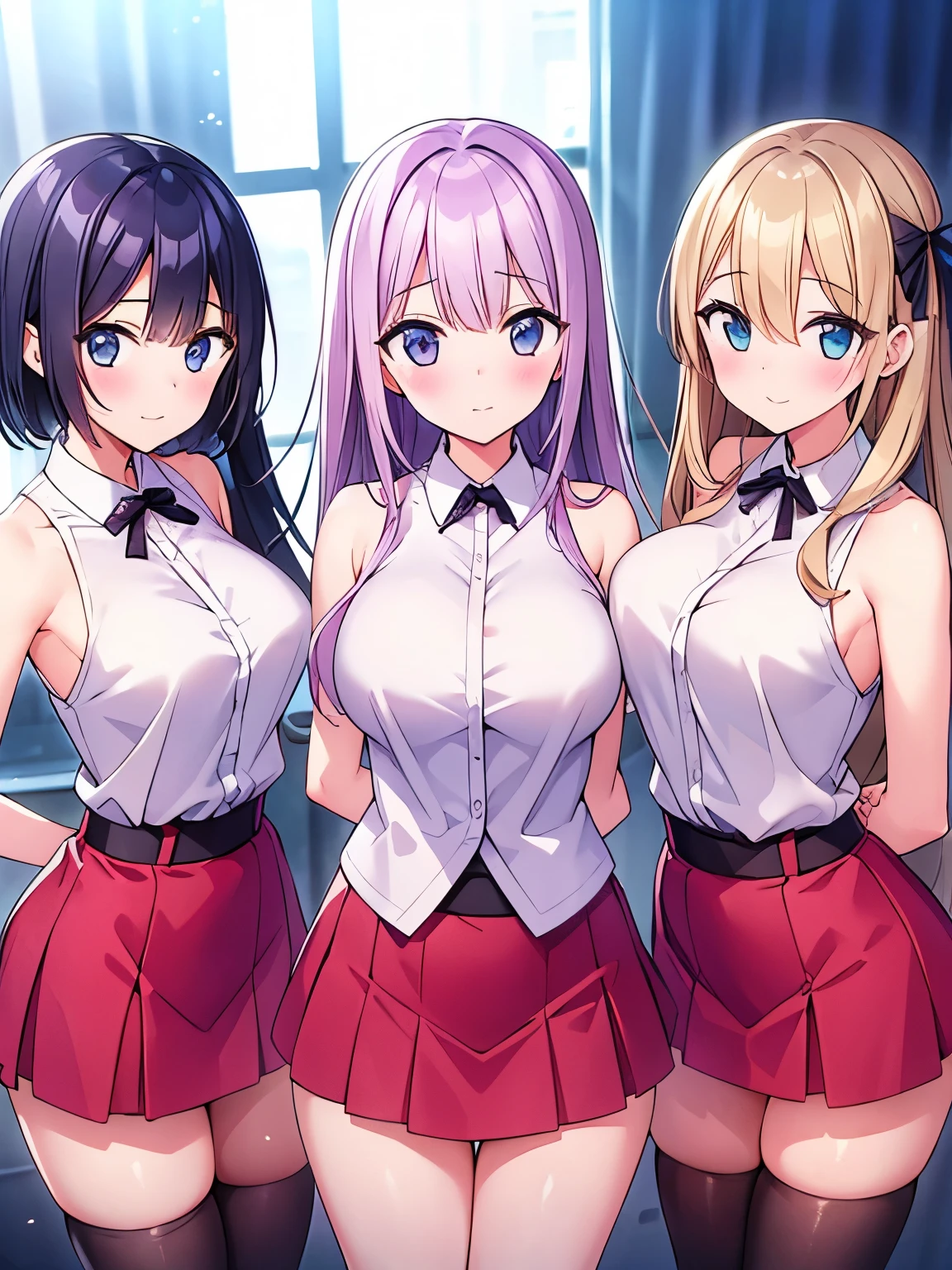 3 girls from the 2nd floor seat, beautiful face,group_mf, is staring at the viewer,cowboy shot, ( Masterpiece, high quality:1.2),arms behind back