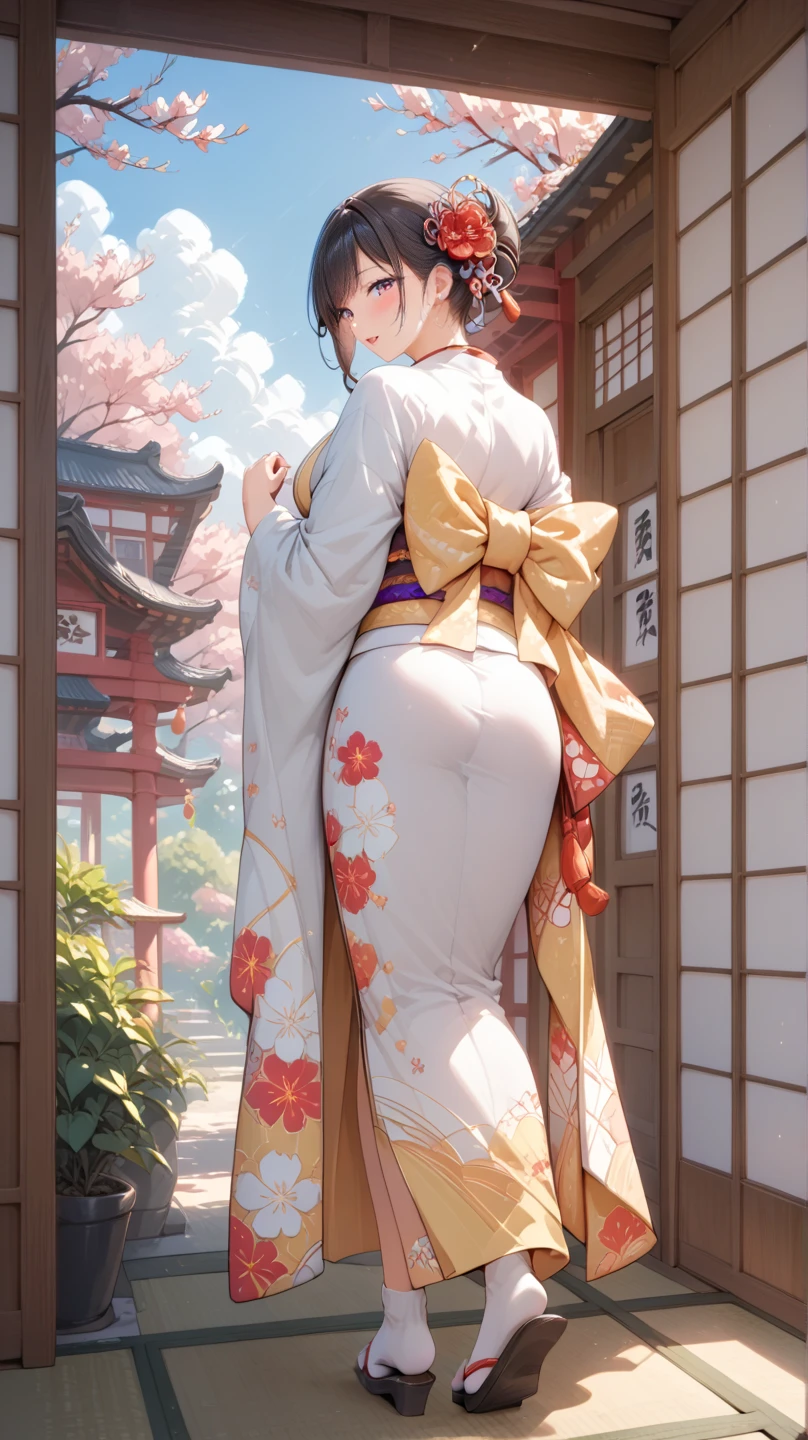 １girl with, ((​masterpiece、top-quality、ultra-definition、hight resolution))、4K picture quality、((Beautuful Women))、22year old、wetted skin、radiant eyes、perfect  eyes、(Beautiful Nordic sisters)、the beach,Background crowd、((Curly hair in braids、Bun１))、((Body Portrait))、(((Wearing an ultra-short red bell sleeve yukata)))、((The pattern of the yukata is、They range from fancy floral patterns to swallowtail butterflies..))、((Use primary colors for yukata colors))、​masterpiece、top-quality、ultra-definition、hight resolution))、4K picture quality、(Wearing an ultra-short red bell sleeve yukata)、(Click here for the line of sight)、((Show panties))、Opening legs、Show white panties、cleavage of the breast、((Show off big round buttocks、Tight yukata stretched around big thighs and buttocks))、((Stick your butt out and show off))、(view from back)、Stunning buttocks、