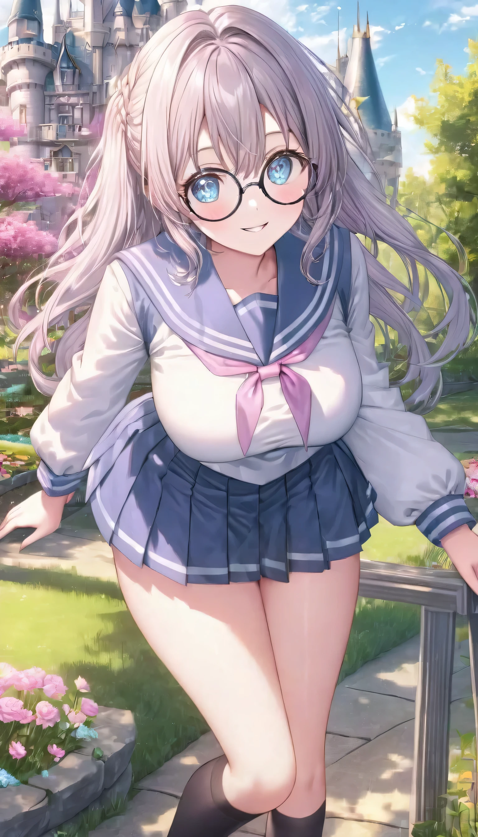 (8k、Best image quality、highest quality、masterpiece)、Detailed face,Masterpiece, hd, realistic, asian girl, 1girl wearing see through sports bra, (sports bra) ,plaid skirt, smile, (largest breast),(huge breast), outdoor, squatting,spread legs, outdoor, wearing randoseru backpack, (red backpack:1.1),(((see through Nipples))),(nipples),masturbation, ((cum,sperm,semen)),(((cum on breast))),((ejaculation semen)),((ejaculation cum)),(((bukkake))),arms up,armpit,purple hair,from below,braid hair,Glasses,
