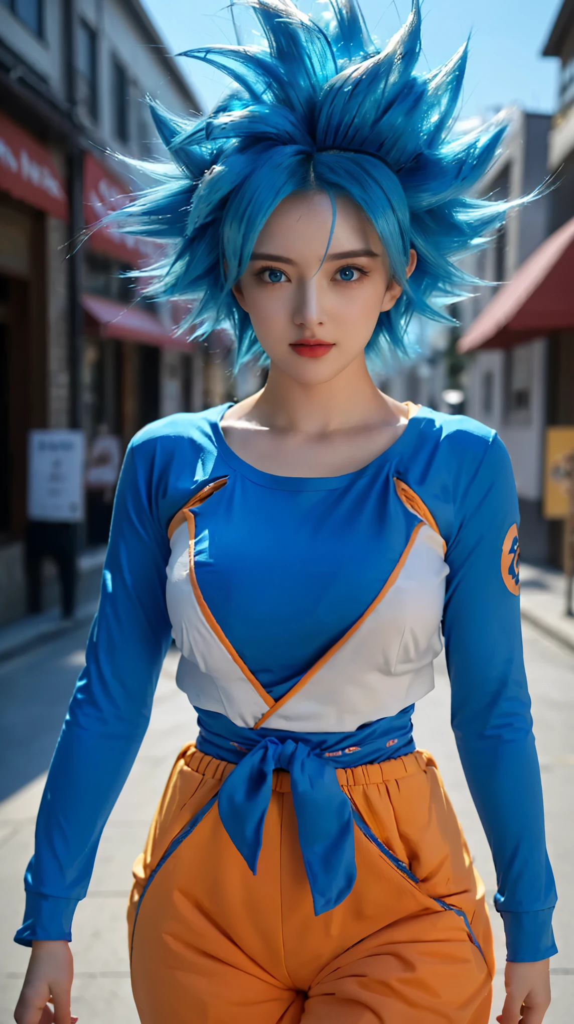 a woman in a blue and orange outfit walking down a street, saiyan girl, anime cosplay, female goku, anime girl cosplay, character dragonball, human goku, anime inspired, anime-style, anime girl in real life, anime character; full body art, bulma from dragon ball, anime style, full-cosplay, professional cosplay, anime style. 8k, blue hair, blue eyes, thin lips, shiny lips, super big breasts, firm breasts, cleavage, curvy body, big hips, realistic.