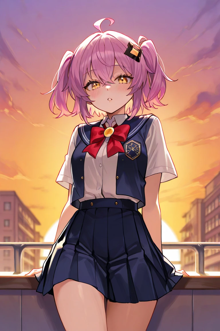 (school uniform), (mini pleated skirt), ((serafuku)), ((4 defined fingers)), ((1 defined thumb)), (looking at viewer), break, sexy, ((solo)), (1 woman), ((25 years old)), ((highest quality)), ((masterpiece)), (familiar),  skindentation, perfect face, 8k , (cowboy shot), break, short hair, (((pink hair1.5))), bob cut, black eye, beautiful princess, smile, thin thighs, medium breasts, perfect limbs, sexy, standing, ((hand on hip)),
