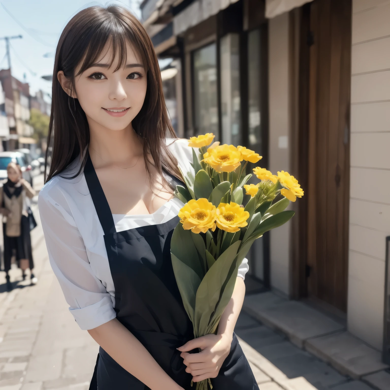 (( Masterpiece,best quaLightingy 1.4)), (8k, RAW photos in the loop:1.2), ( is present,photo is present:1.4), super high resolution , (High definition 8K wallpaper) , Japanese Idols, Japanese actress, Japanese, so cute, big eyes, very elaborate eyes and face, beautiful eyes in every detail , shiny skin, portrait, smile slightly 、bangs、( holding a bouquet of flowers:1.2),Lighting, sharp concentration, Depth of Written Boundary , ( dynamic angle:1.4 )、( apron:1.3) , small flower shop with spring sunshine , Colorful flowers lined up. In front of the store, Vivid bouquets and hanging succulents are on display... The background is cobblestones and an old-fashioned cityscape 、