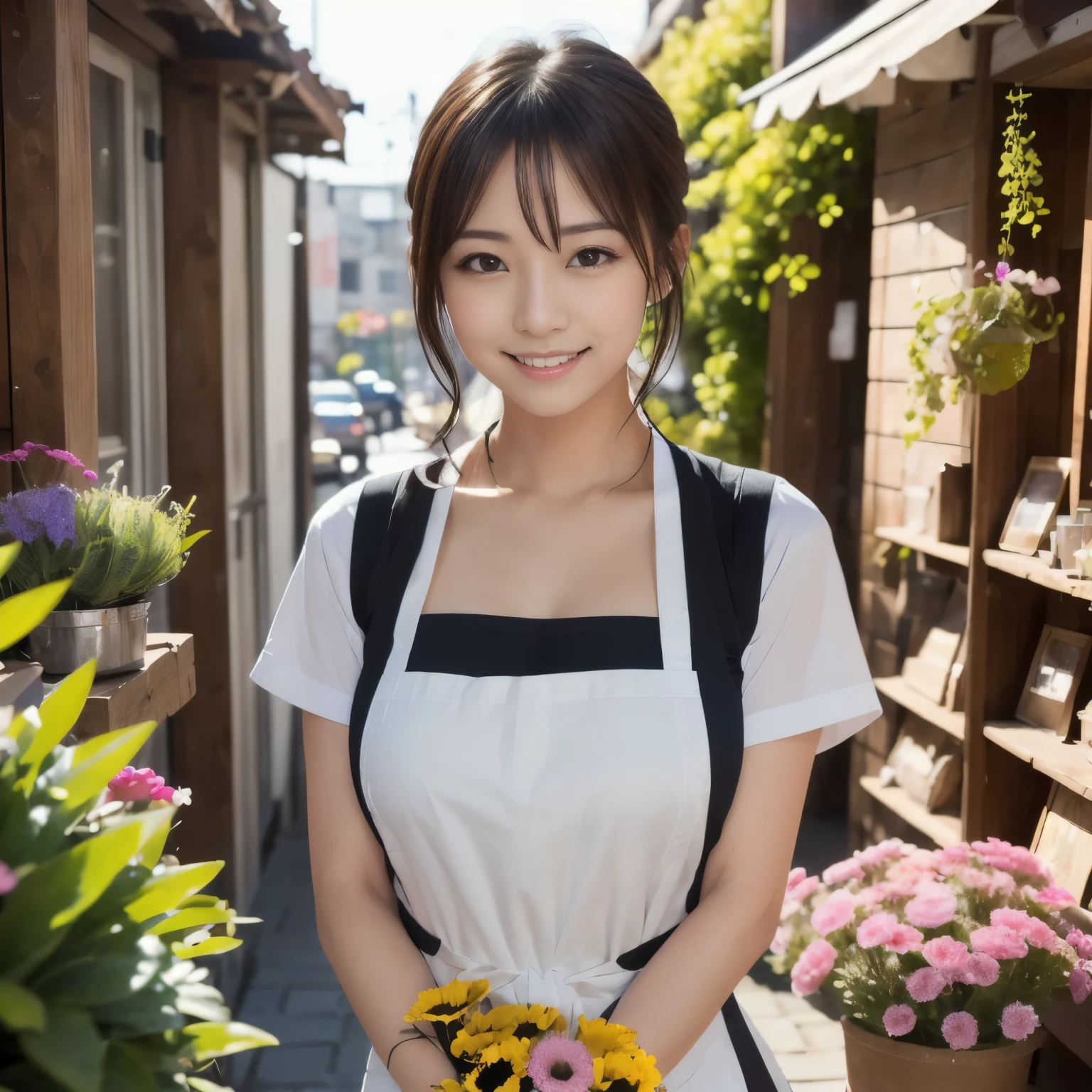 (( Masterpiece,best quaLightingy 1.4)), (8k, RAW photos in the loop:1.2), ( is present,photo is present:1.4), super high resolution , (High definition 8K wallpaper) , Japanese Idols, Japanese actress, Japanese, so cute, big eyes, very elaborate eyes and face, beautiful eyes in every detail , shiny skin, portrait, smile slightly 、bangs、( holding a bouquet of flowers:1.2),Lighting, sharp concentration, Depth of Written Boundary , ( dynamic angle:1.4 )、( apron:1.3) , small flower shop with spring sunshine , Colorful flowers lined up. In front of the store, Vivid bouquets and hanging succulents are on display... The background is cobblestones and an old-fashioned cityscape 、