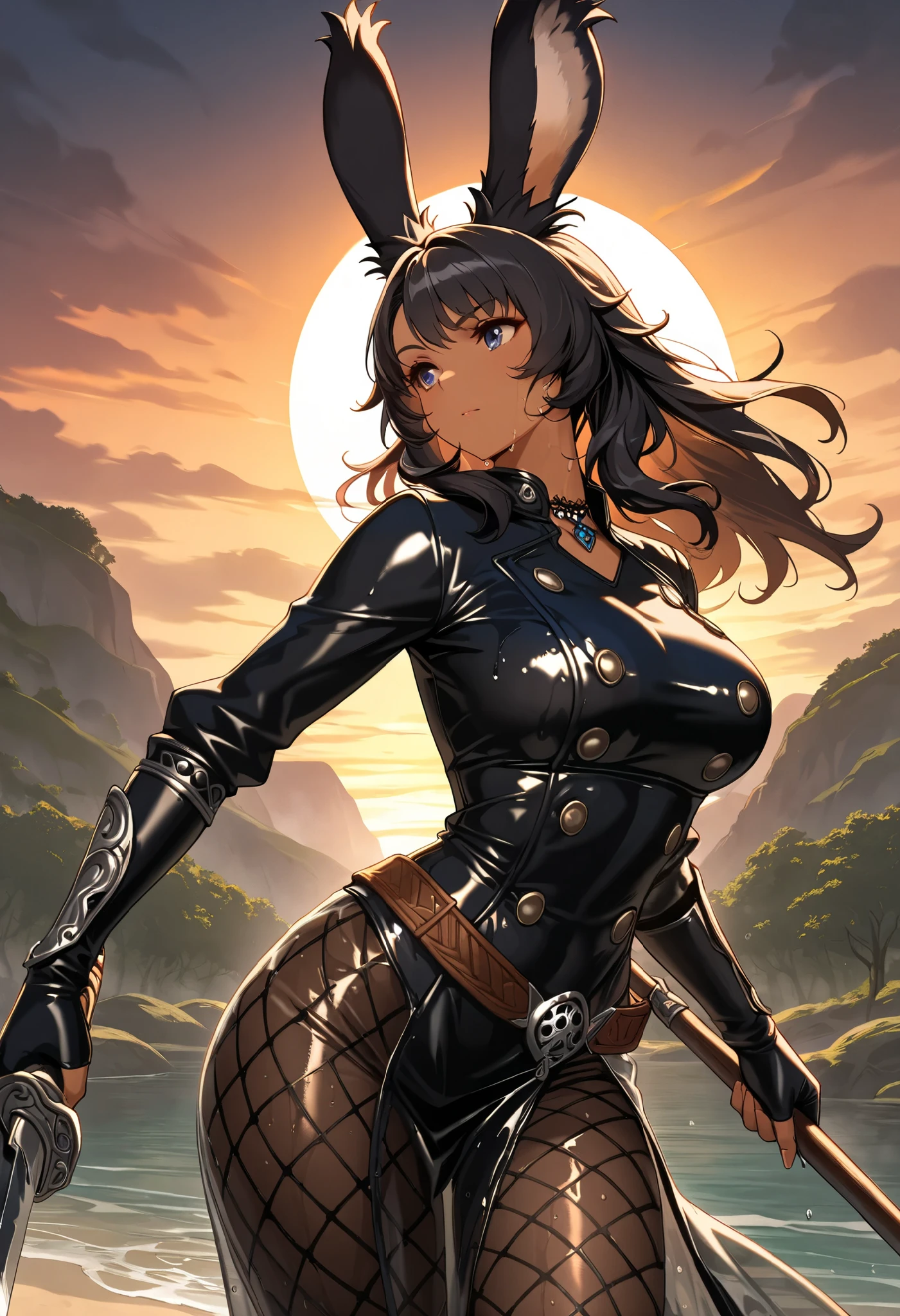 The woman, by the wide, long hair, black fur, black hair, fringe, pale, Pale skin, ((black eyes, black eyes)), scantily clad, black clothes, black clothes, Waders, hig boots, gloves, gloves, Cathedral, evening, fantasy